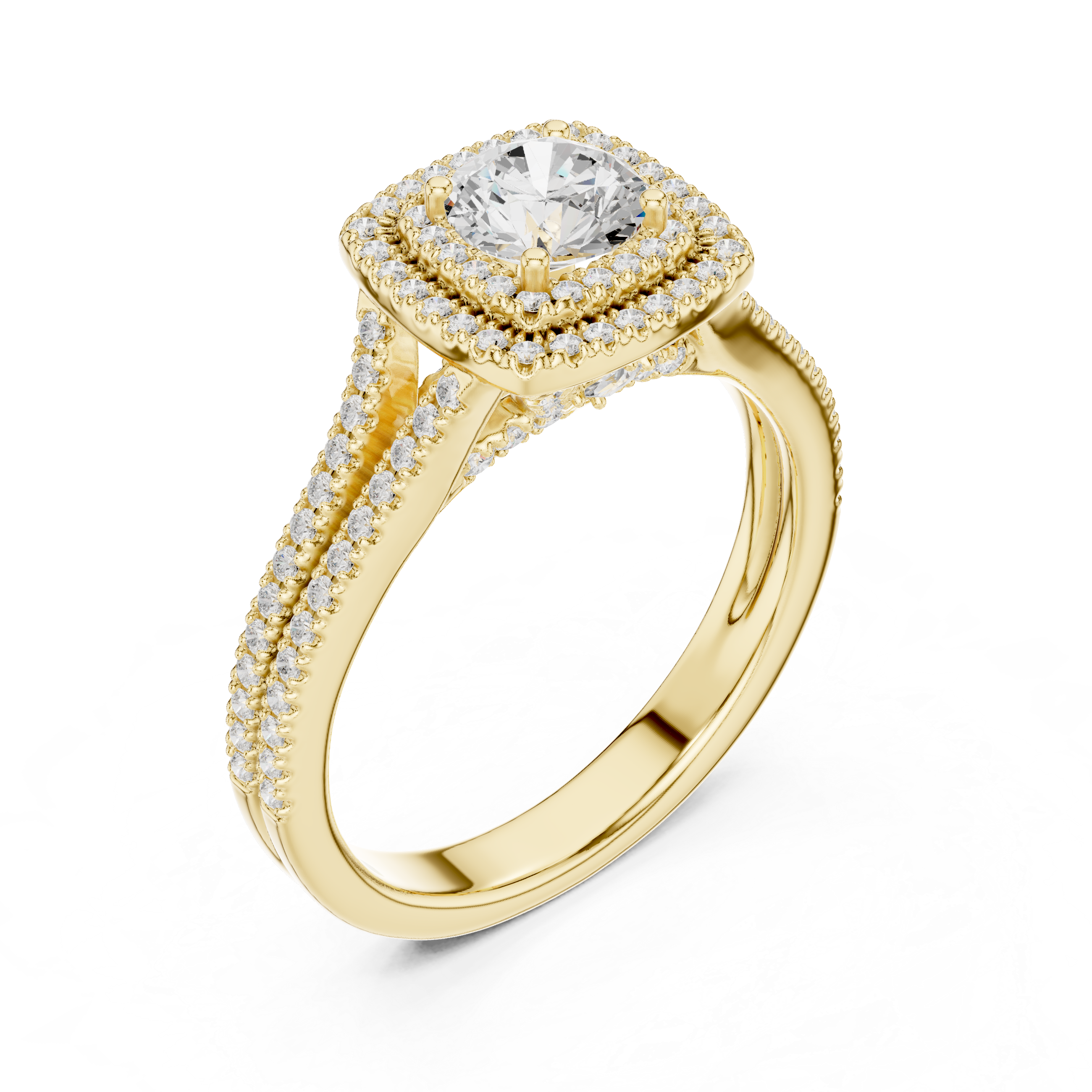 Square Double Halo Engagement Ring – Split Shank Diamond Bridal Ring