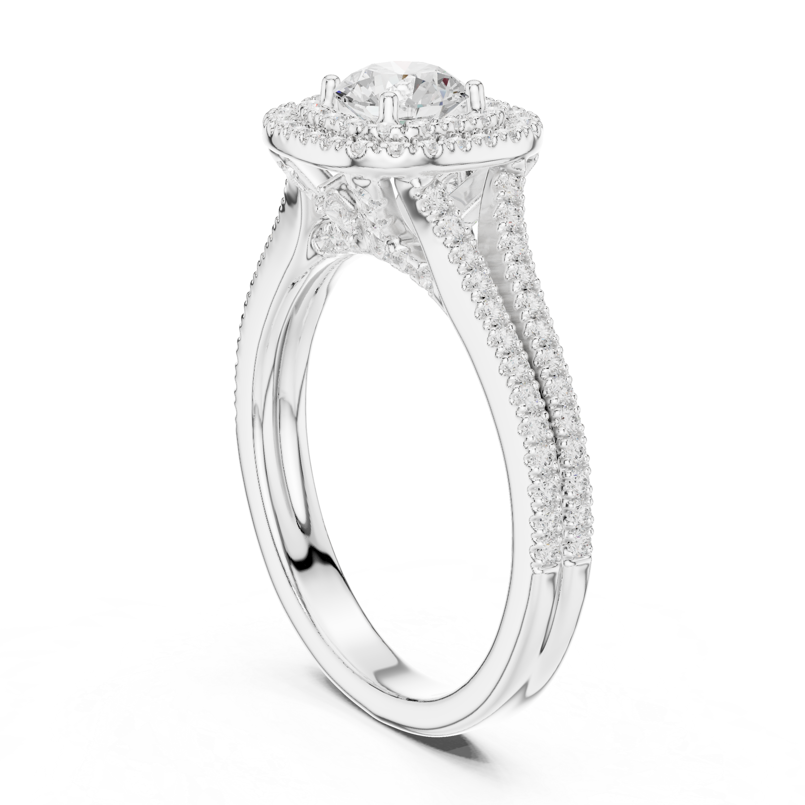 Split Shank Double Halo Engagement Ring – Round Cut Diamond Bridal Ring