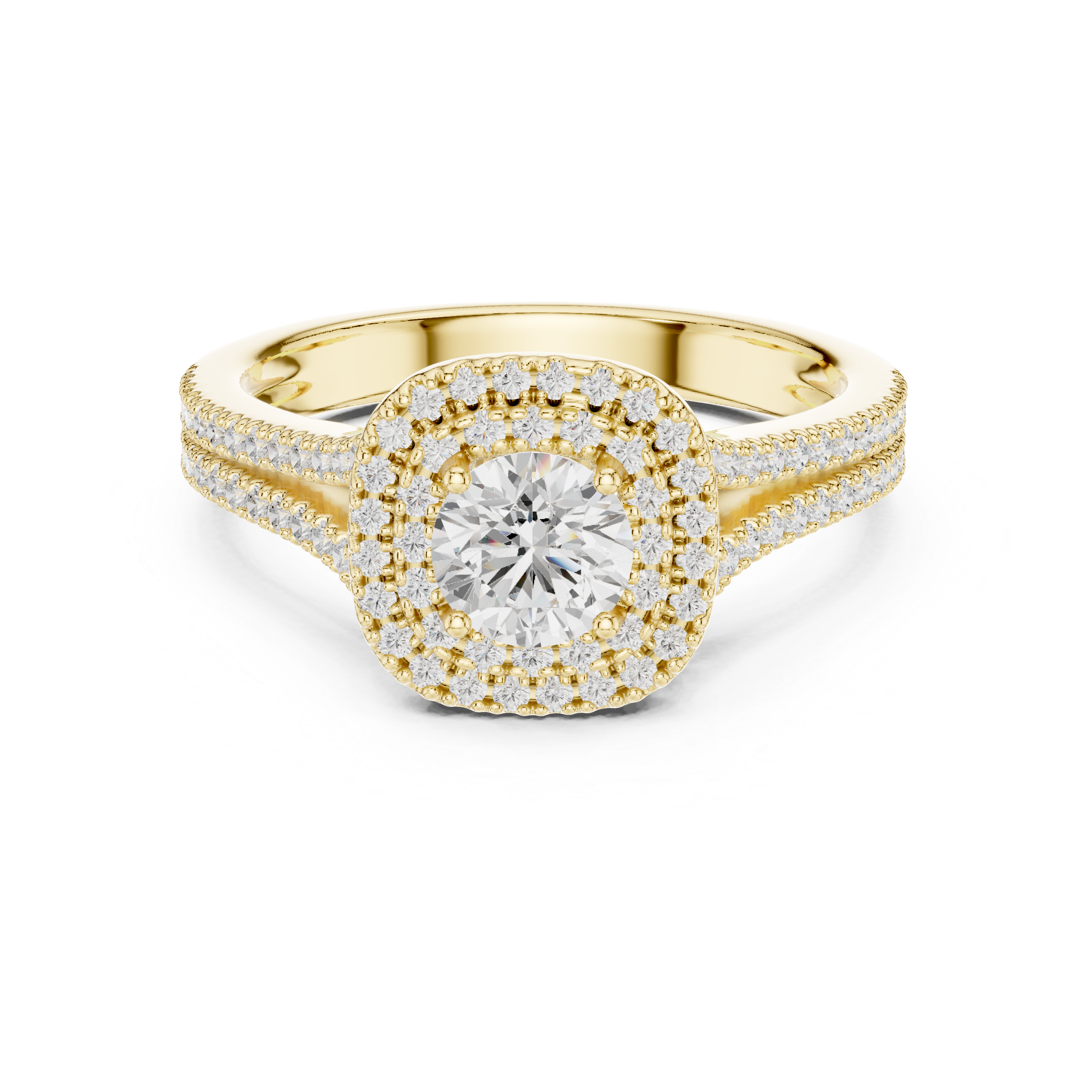 Split Shank Double Halo Engagement Ring – Round Cut Diamond Bridal Ring