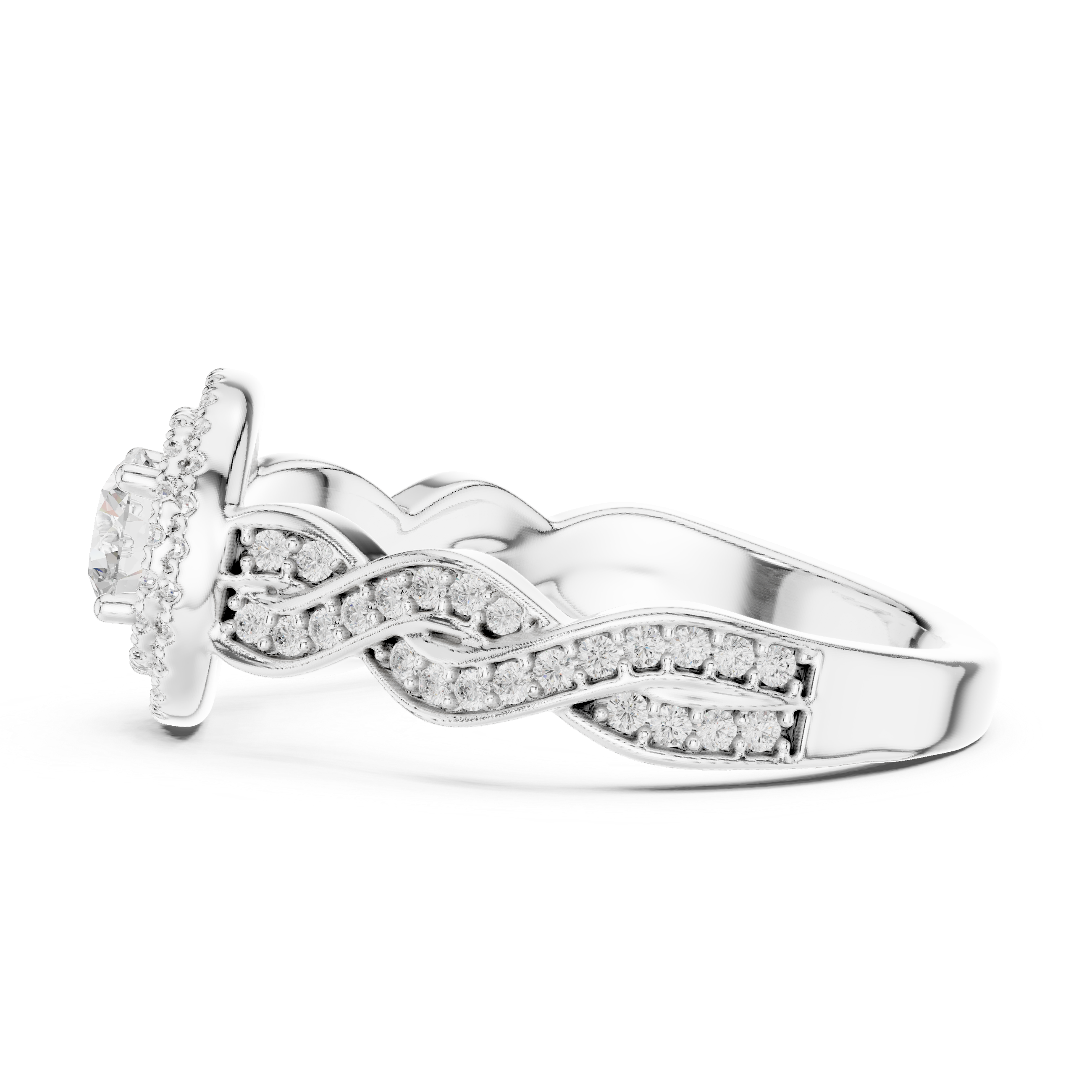 Double Halo Twisted Engagement Ring – Round Diamond Vintage Bridal Ring