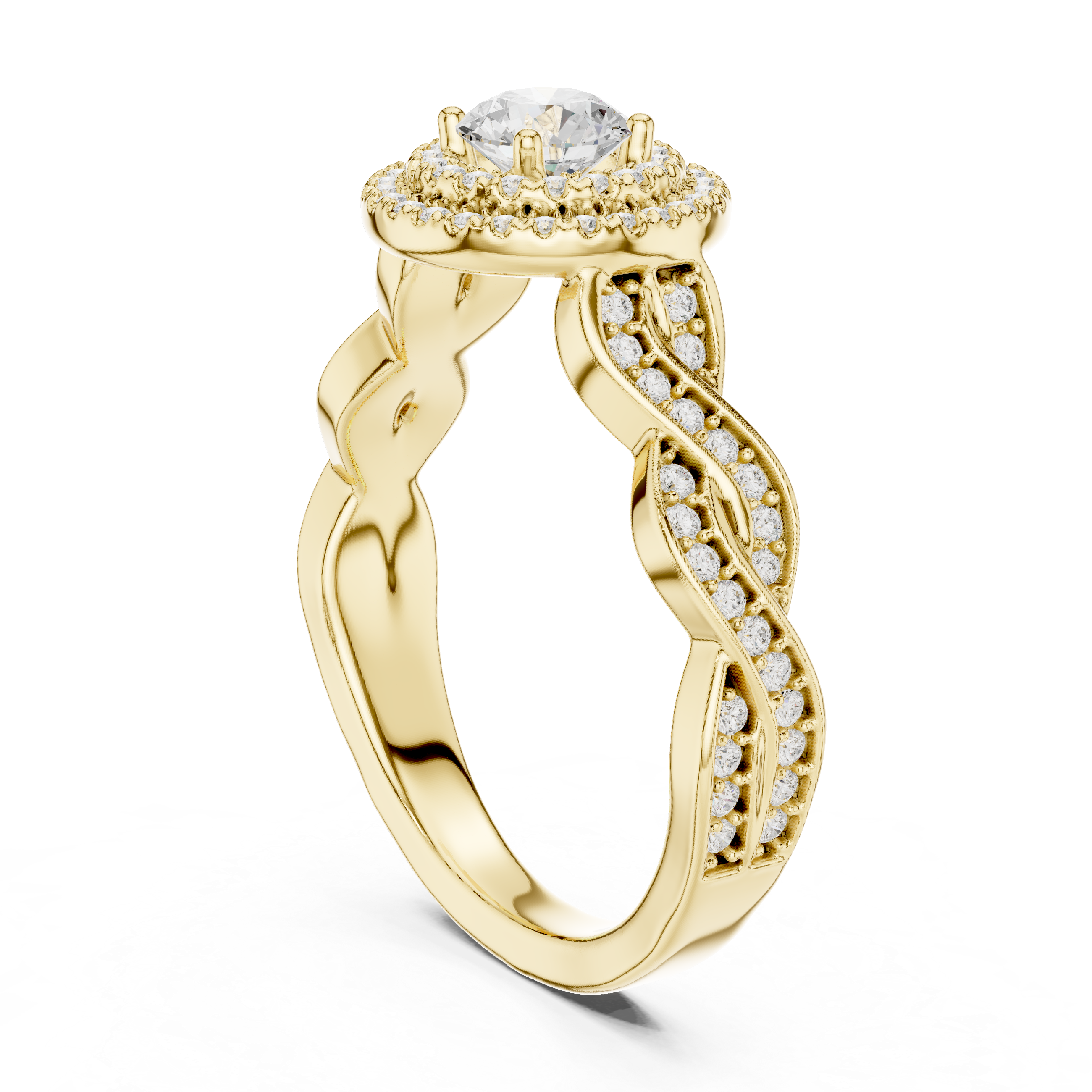 Double Halo Twisted Engagement Ring – Round Diamond Vintage Bridal Ring