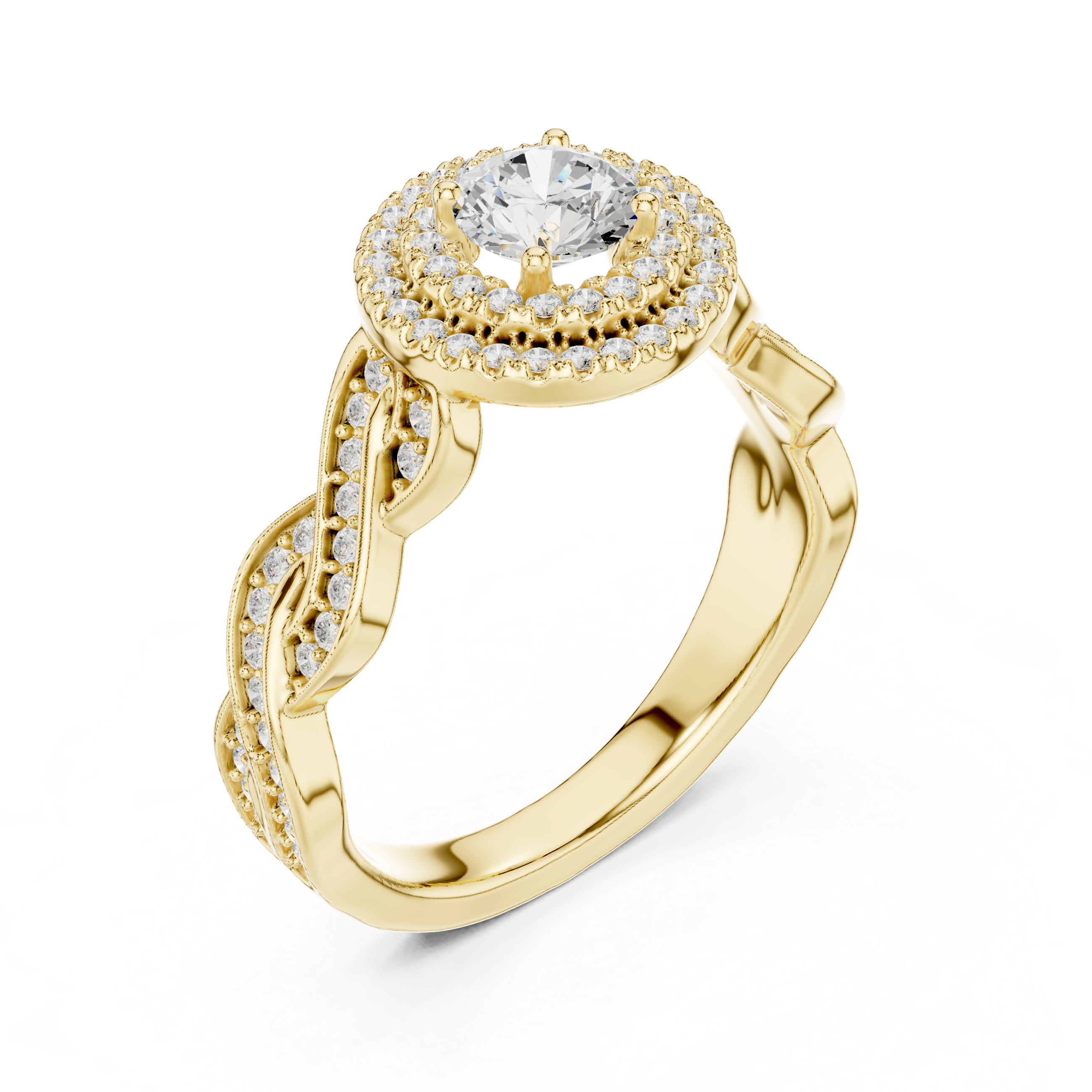 Double Halo Twisted Engagement Ring – Round Diamond Vintage Bridal Ring