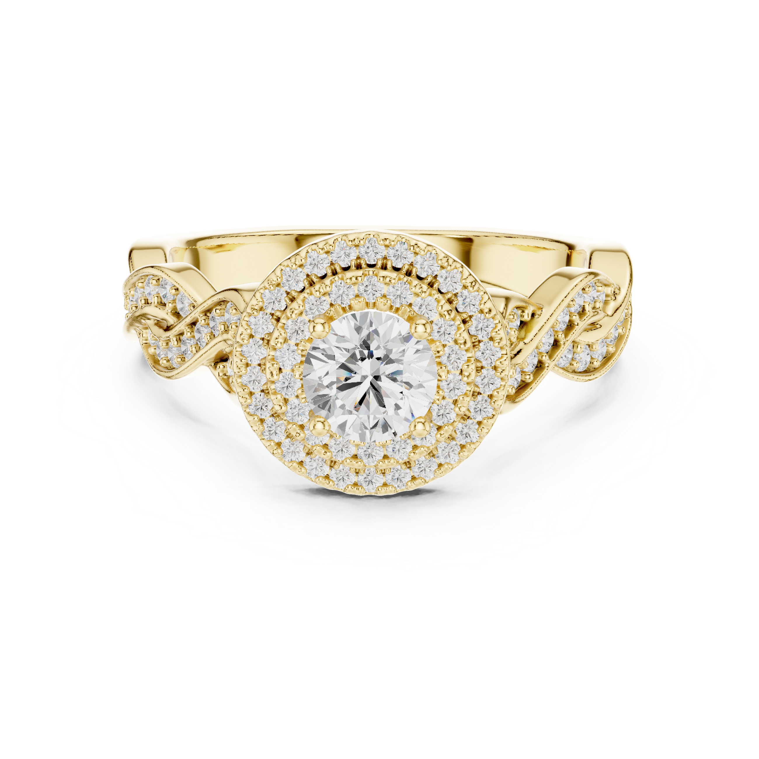 Double Halo Twisted Engagement Ring – Round Diamond Vintage Bridal Ring