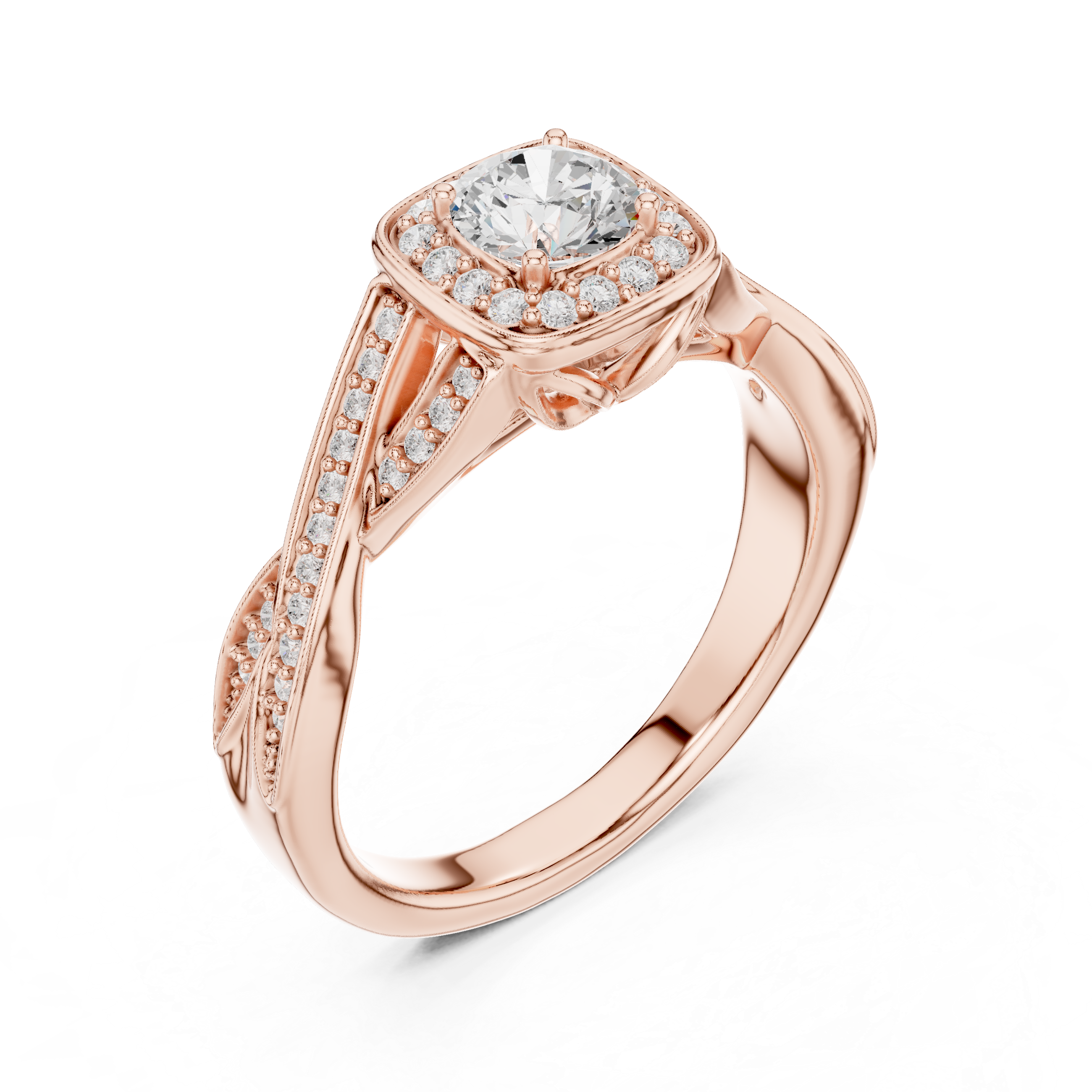 Twisted Cushion Halo Engagement Ring – Round Diamond Split Shank Bridal Ring