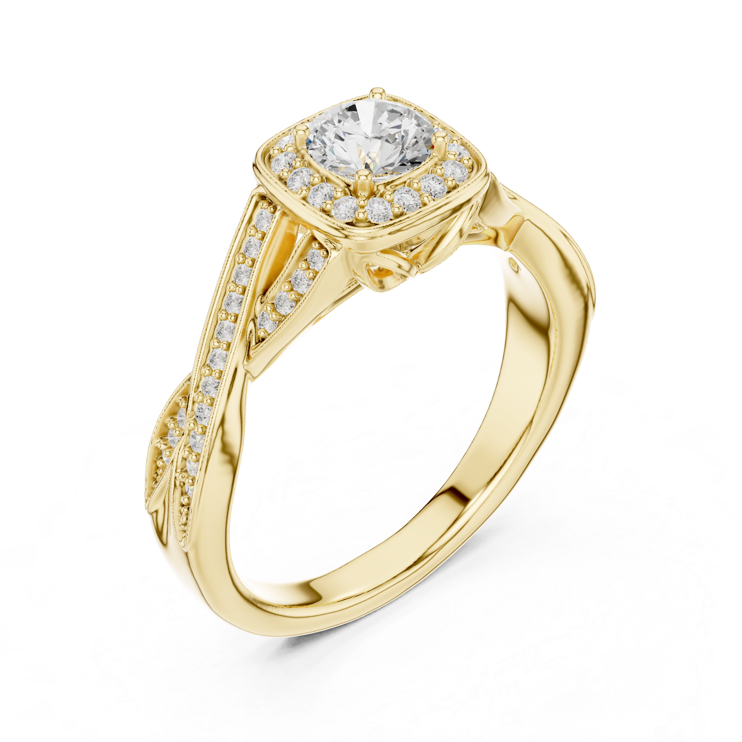 Twisted Cushion Halo Engagement Ring – Round Diamond Split Shank Bridal Ring