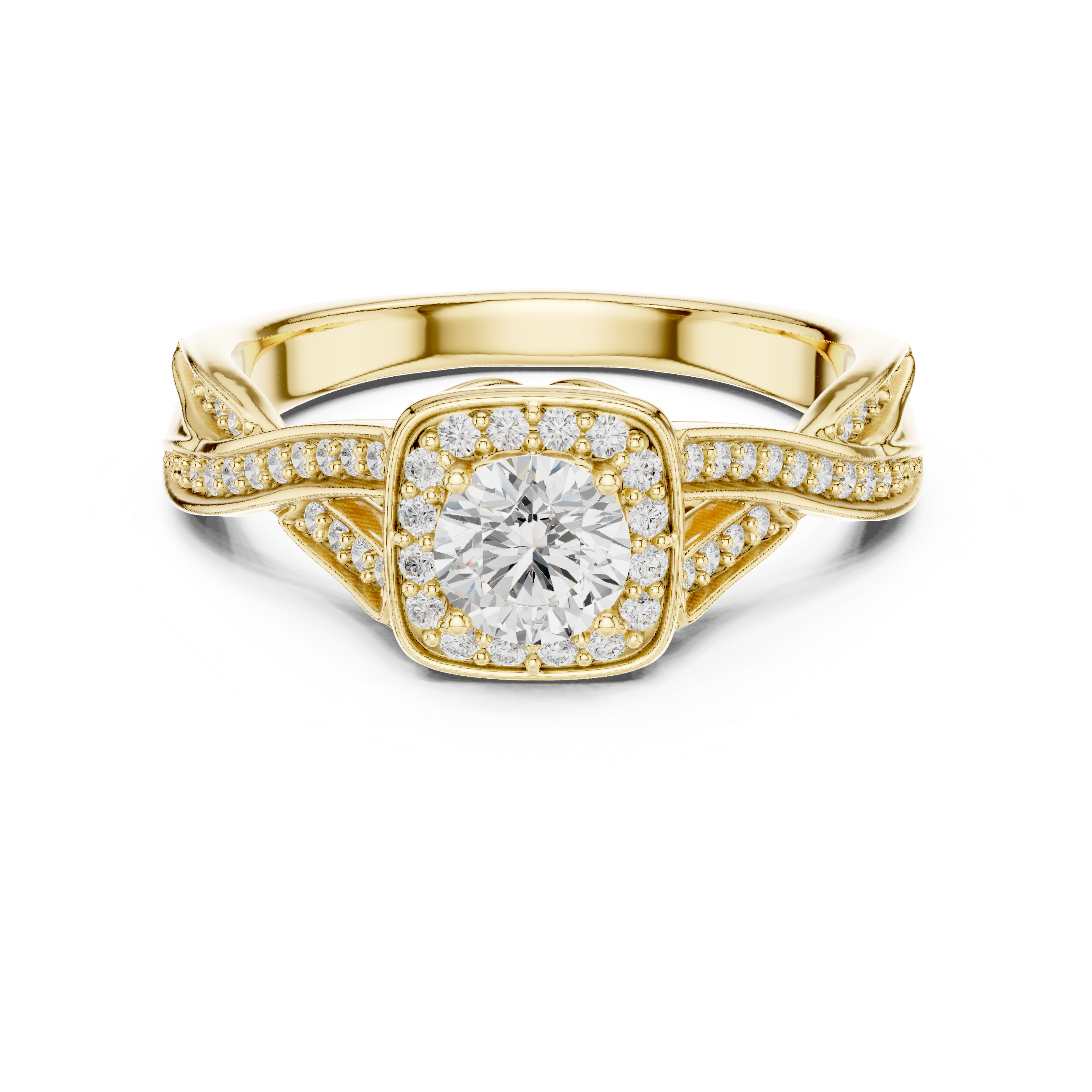 Twisted Cushion Halo Engagement Ring – Round Diamond Split Shank Bridal Ring