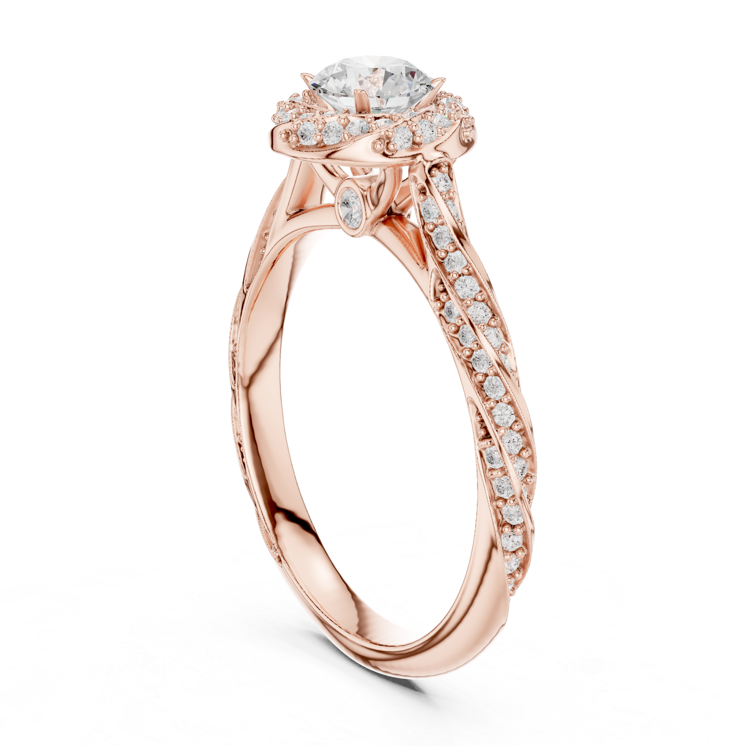 Twisted Halo Diamond Engagement Ring – Round Cut Split Shank Bridal Ring
