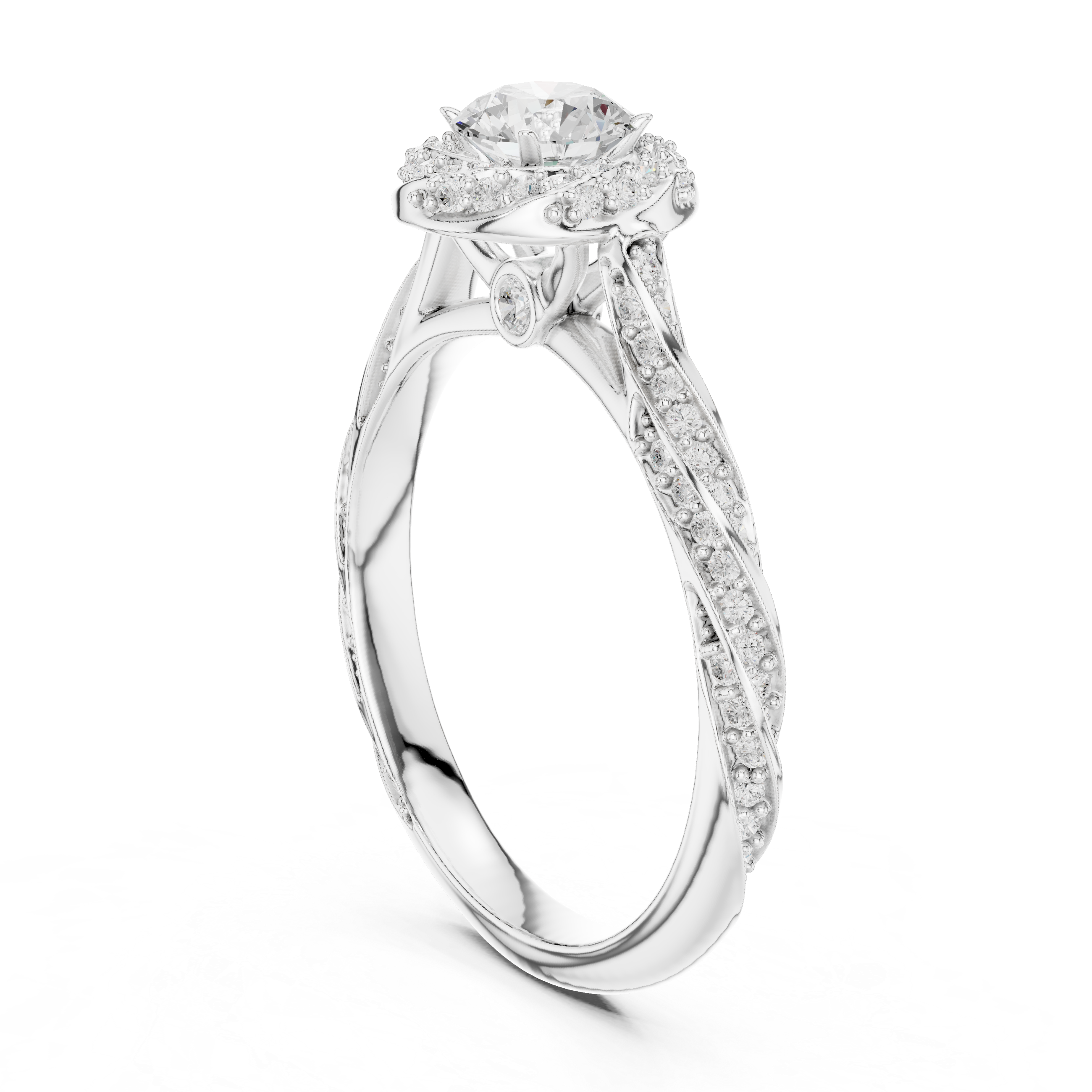 Twisted Halo Diamond Engagement Ring – Round Cut Split Shank Bridal Ring