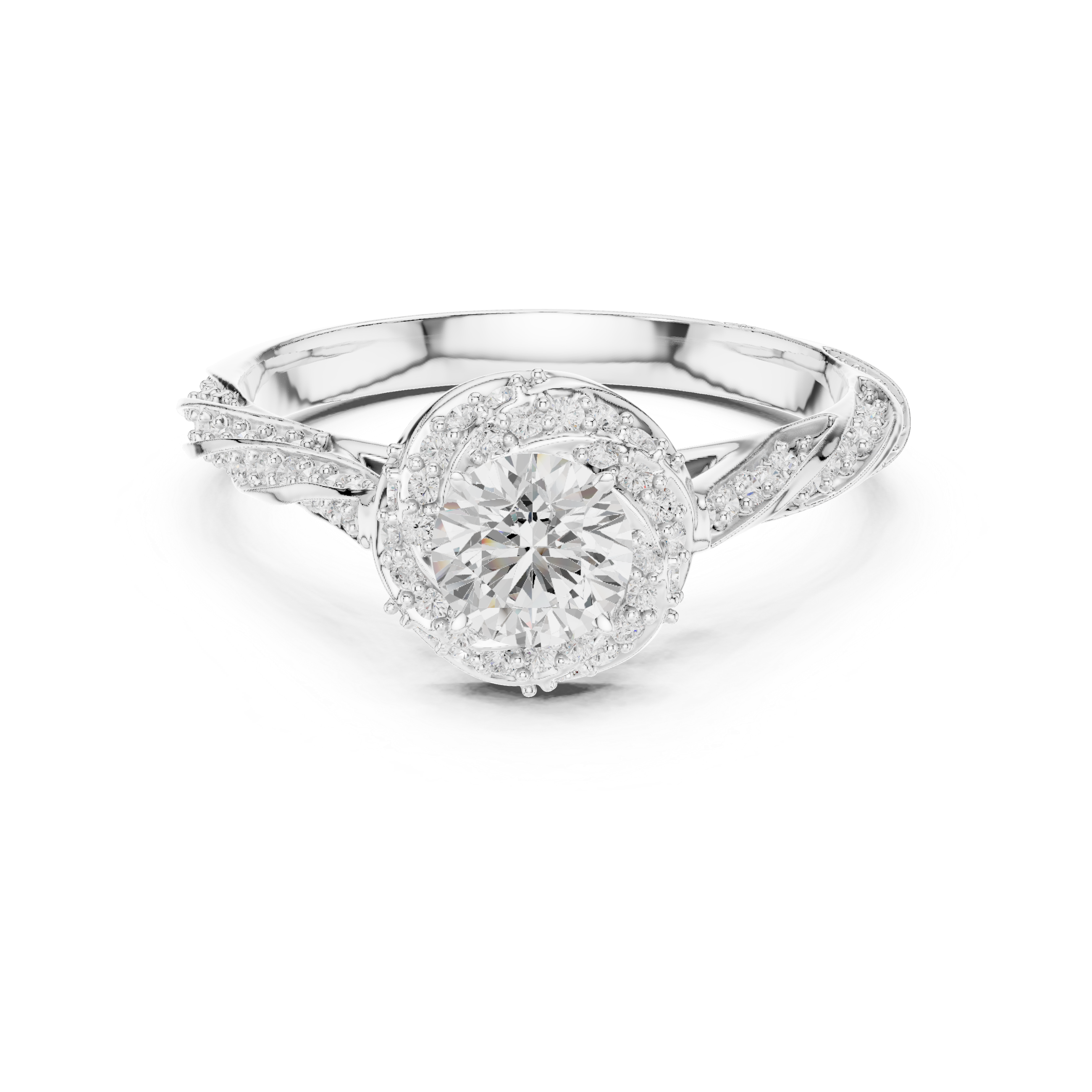 Twisted Halo Diamond Engagement Ring – Round Cut Split Shank Bridal Ring