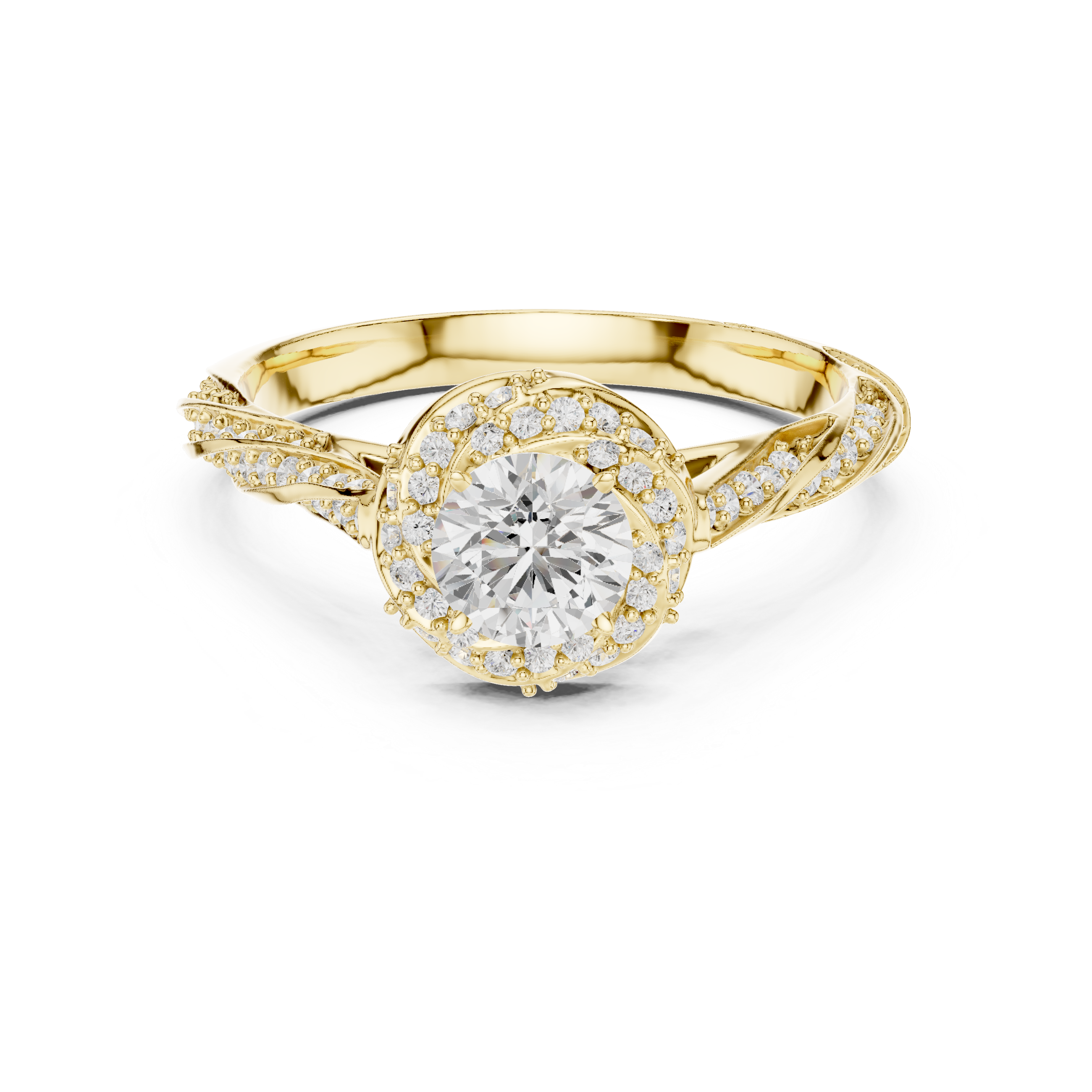 Twisted Halo Diamond Engagement Ring – Round Cut Split Shank Bridal Ring