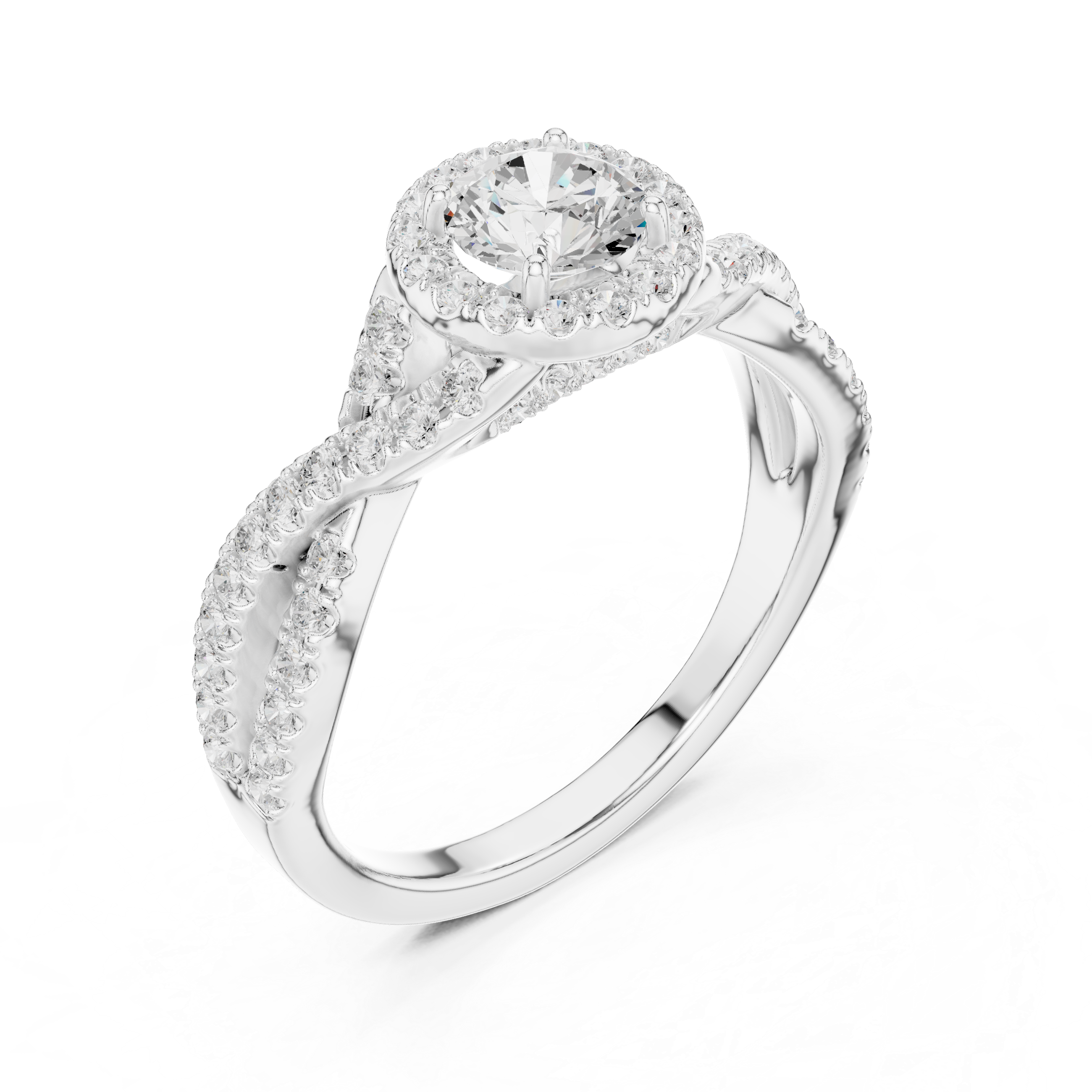 Twisted Split Shank Halo Engagement Ring – Round Diamond Bridal Ring