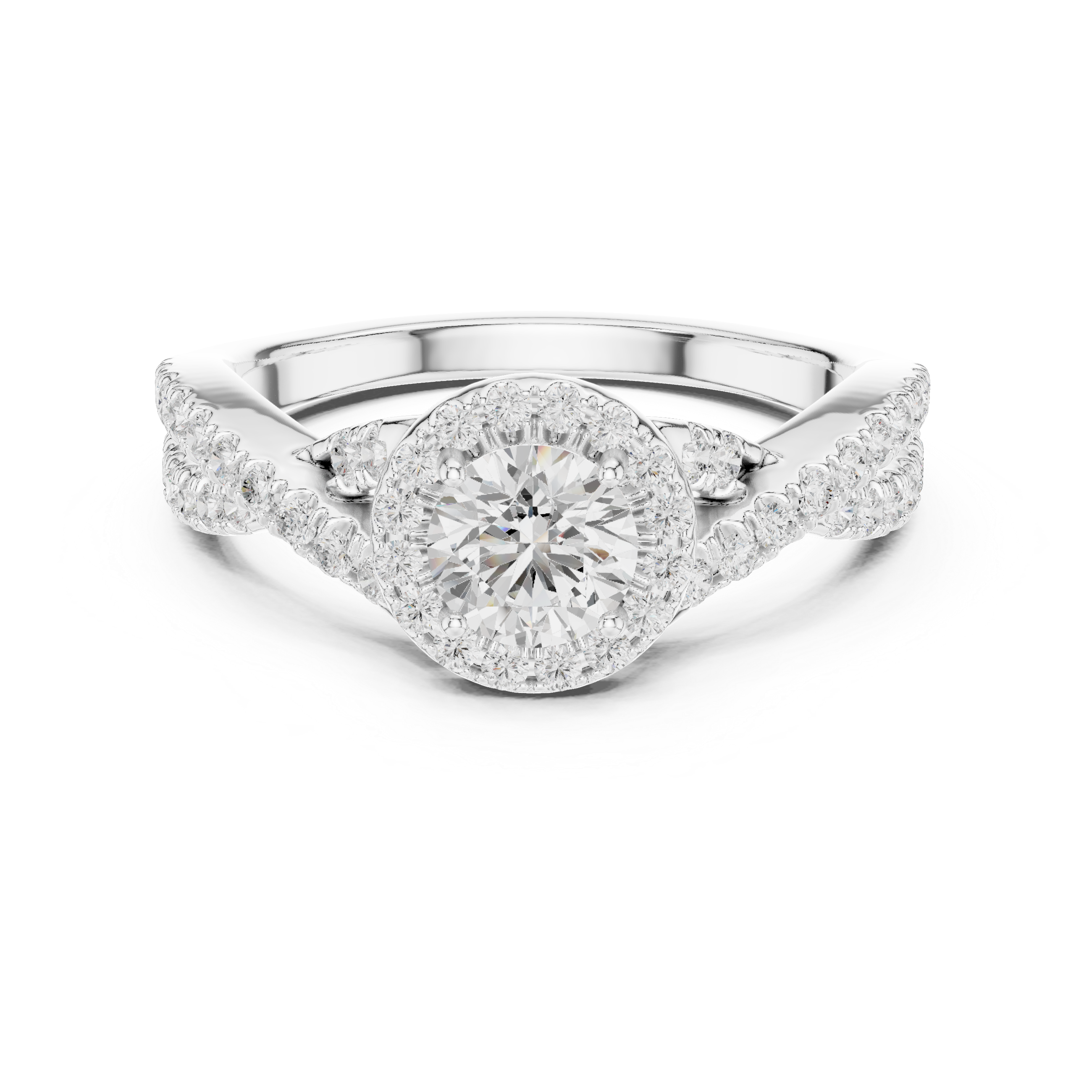 Twisted Split Shank Halo Engagement Ring – Round Diamond Bridal Ring