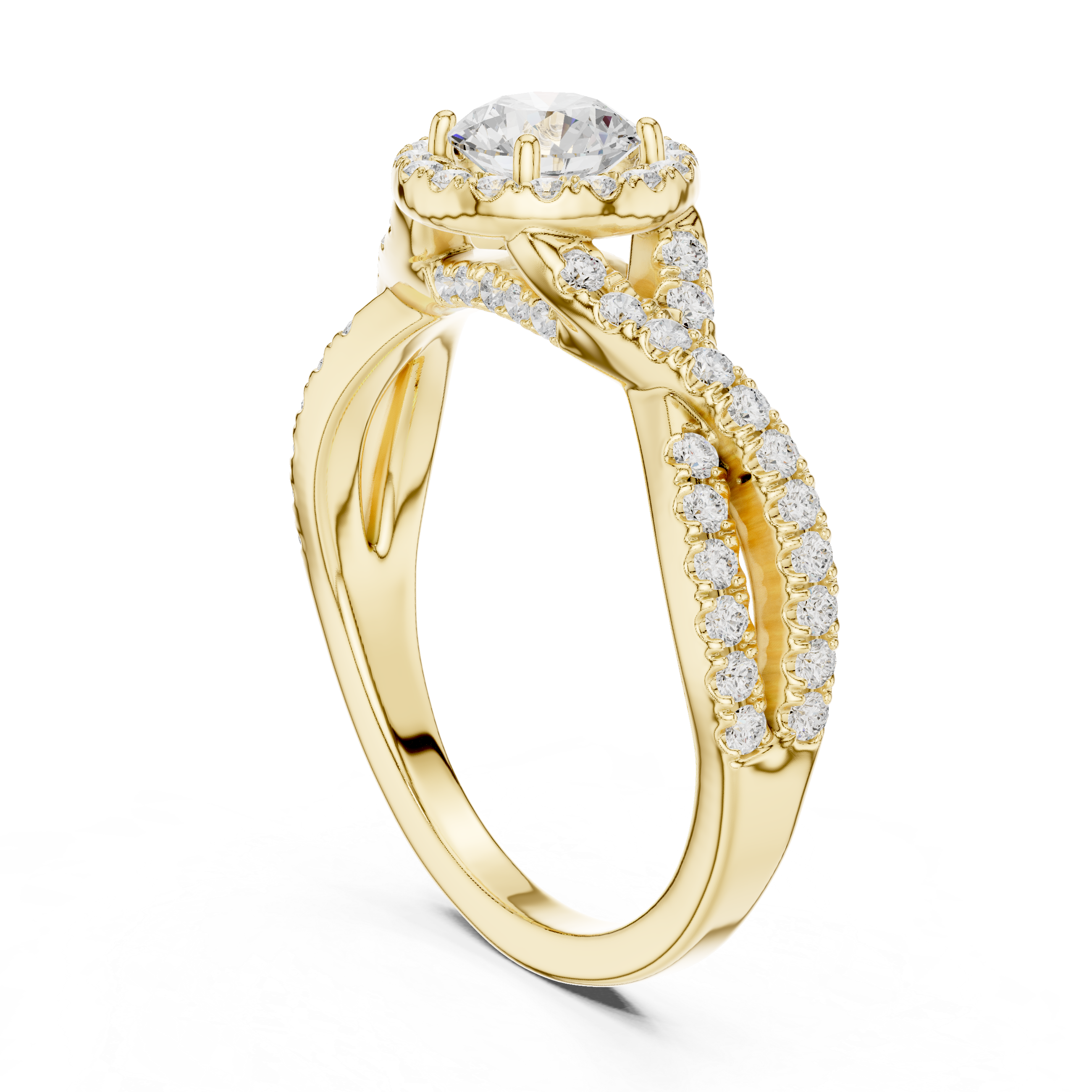 Twisted Split Shank Halo Engagement Ring – Round Diamond Bridal Ring