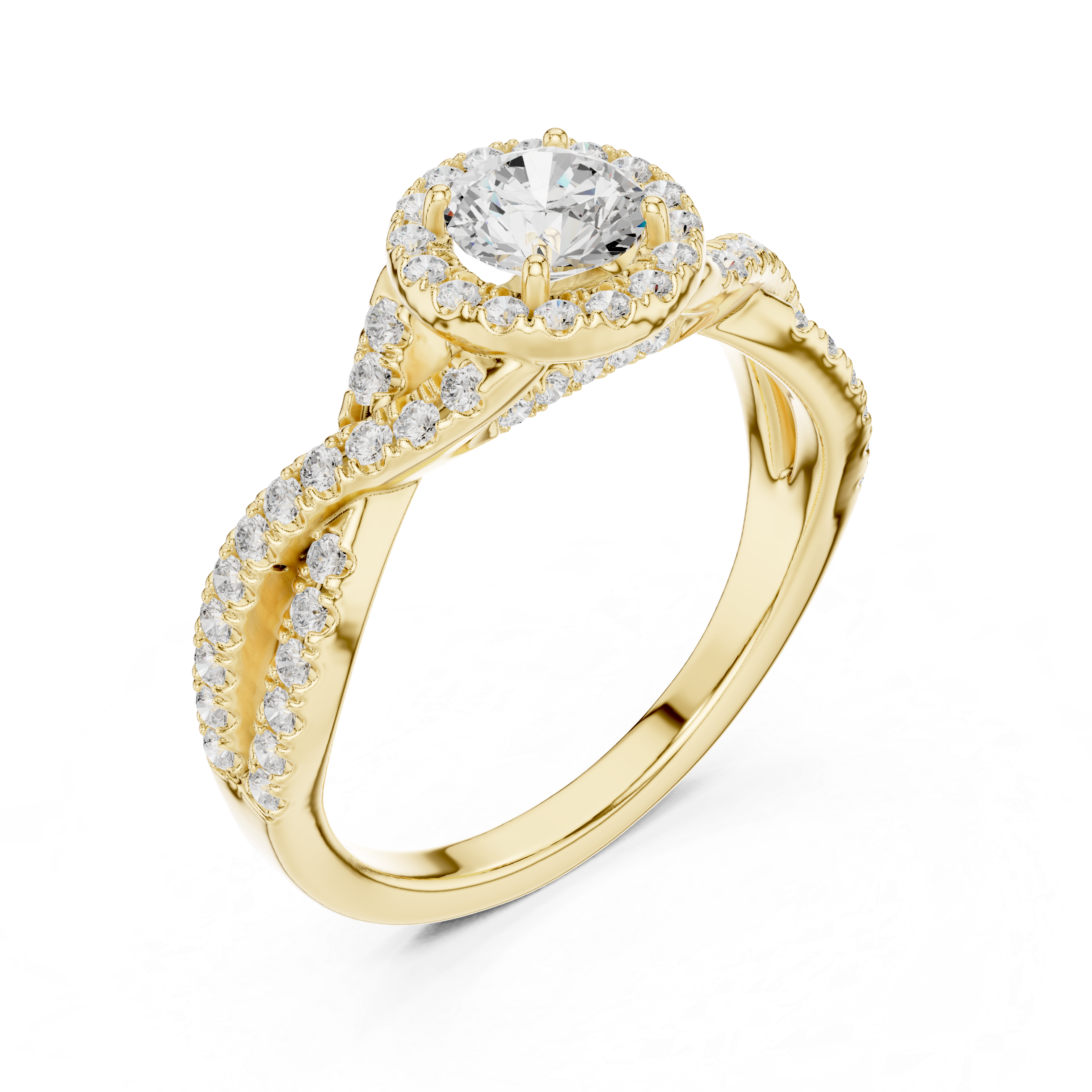 Twisted Split Shank Halo Engagement Ring – Round Diamond Bridal Ring