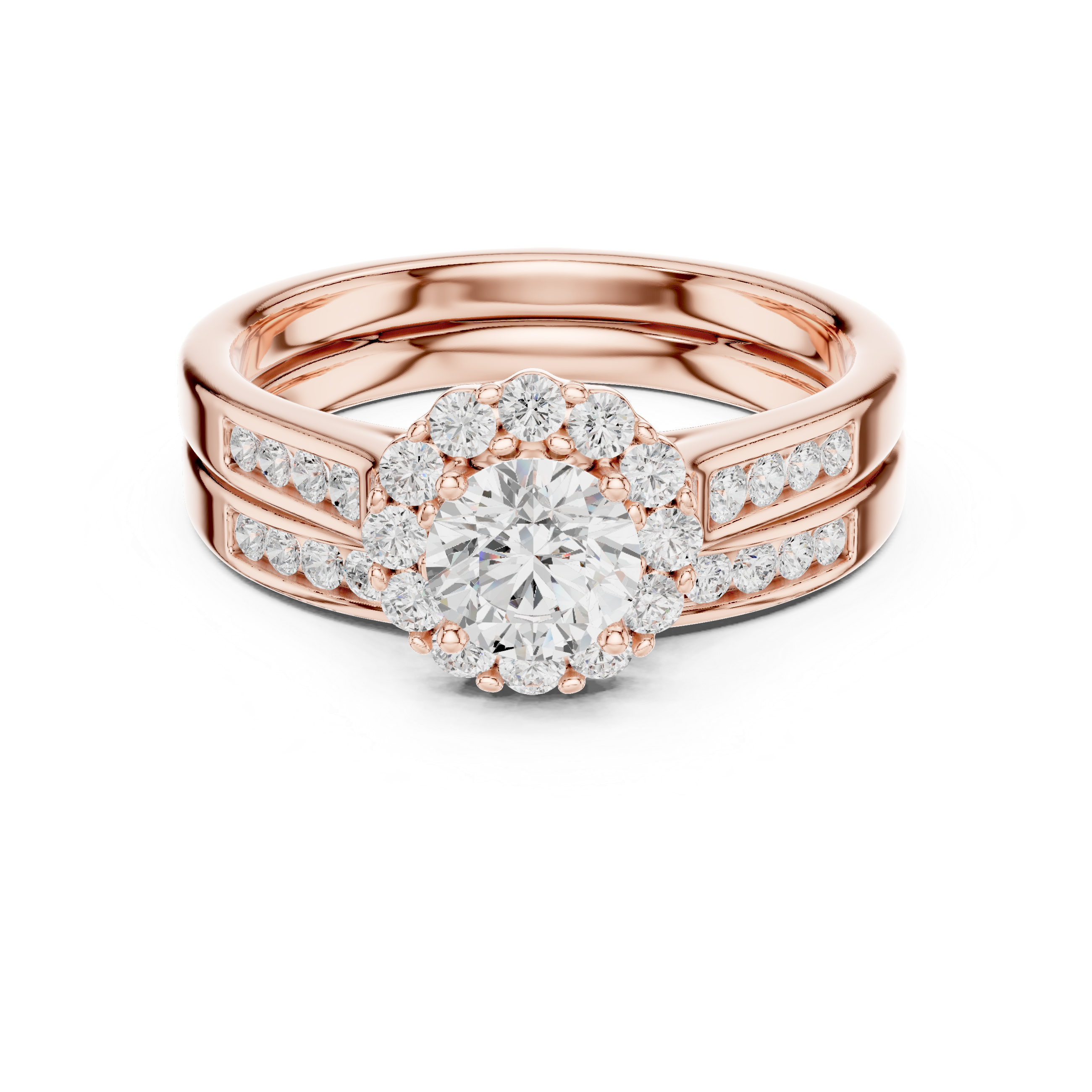 Round Halo Engagement Ring Set – Double Band Diamond Bridal Ring
