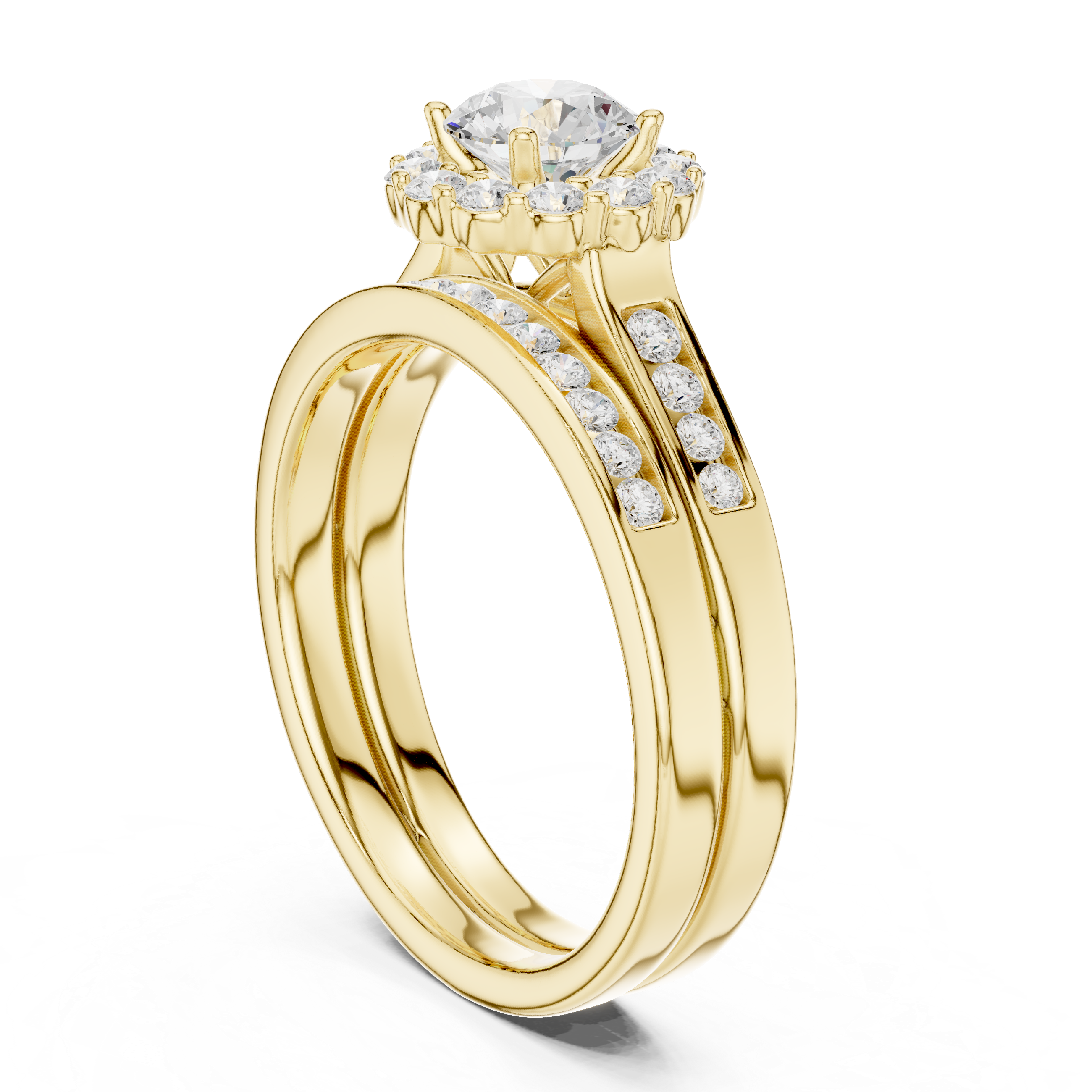 Round Halo Engagement Ring Set – Double Band Diamond Bridal Ring