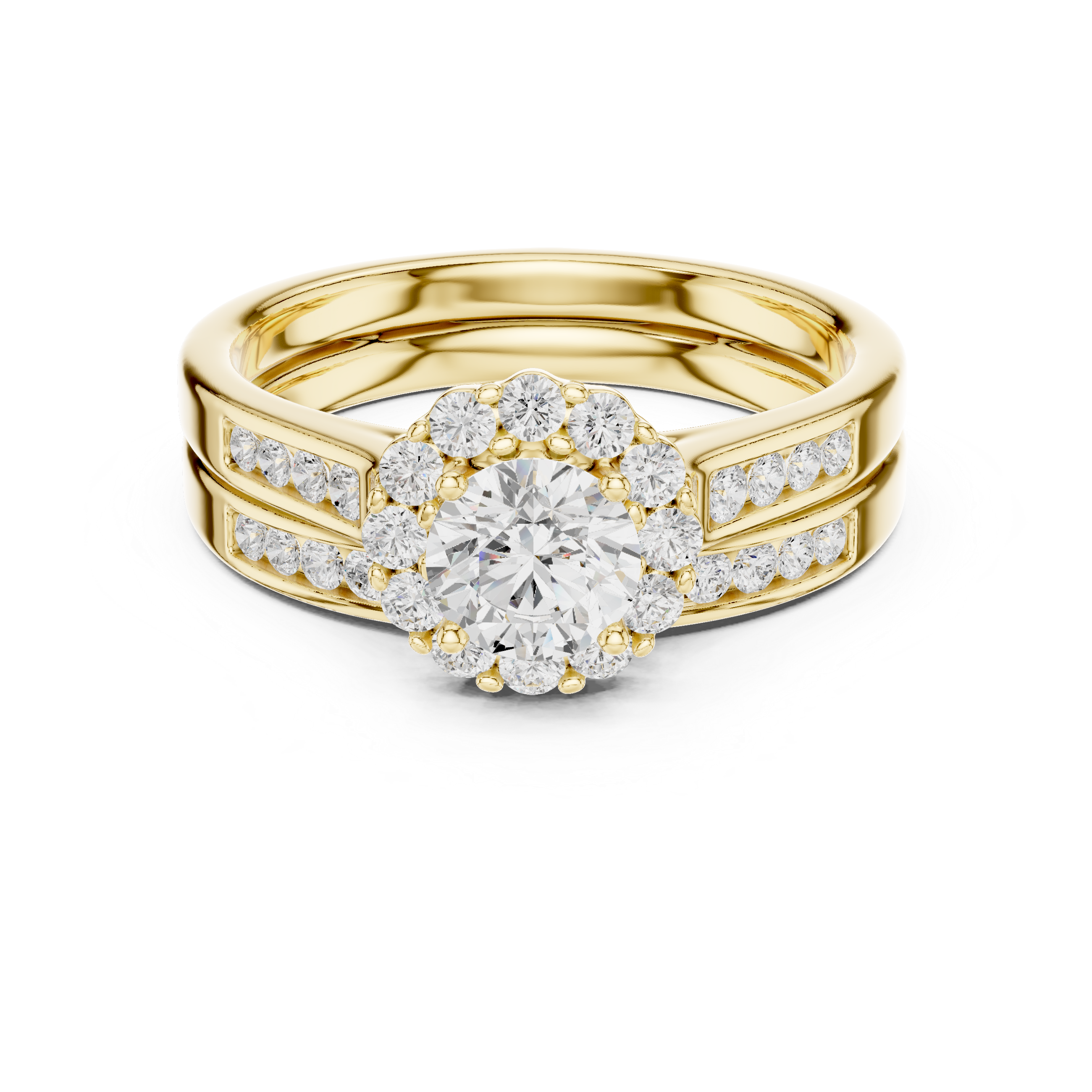Round Halo Engagement Ring Set – Double Band Diamond Bridal Ring