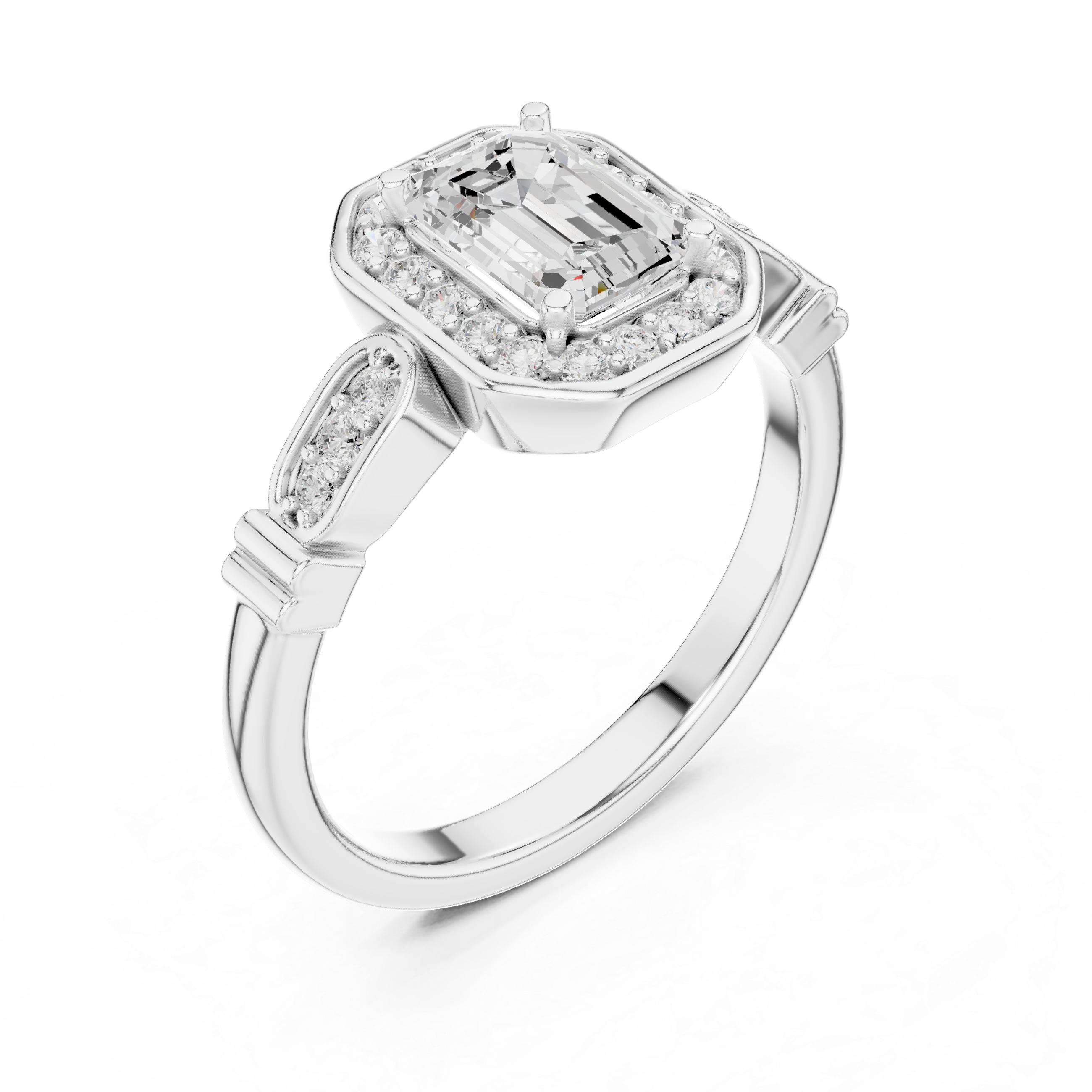 Emerald Cut Halo Engagement Ring – Vintage Inspired Diamond Bridal Ring