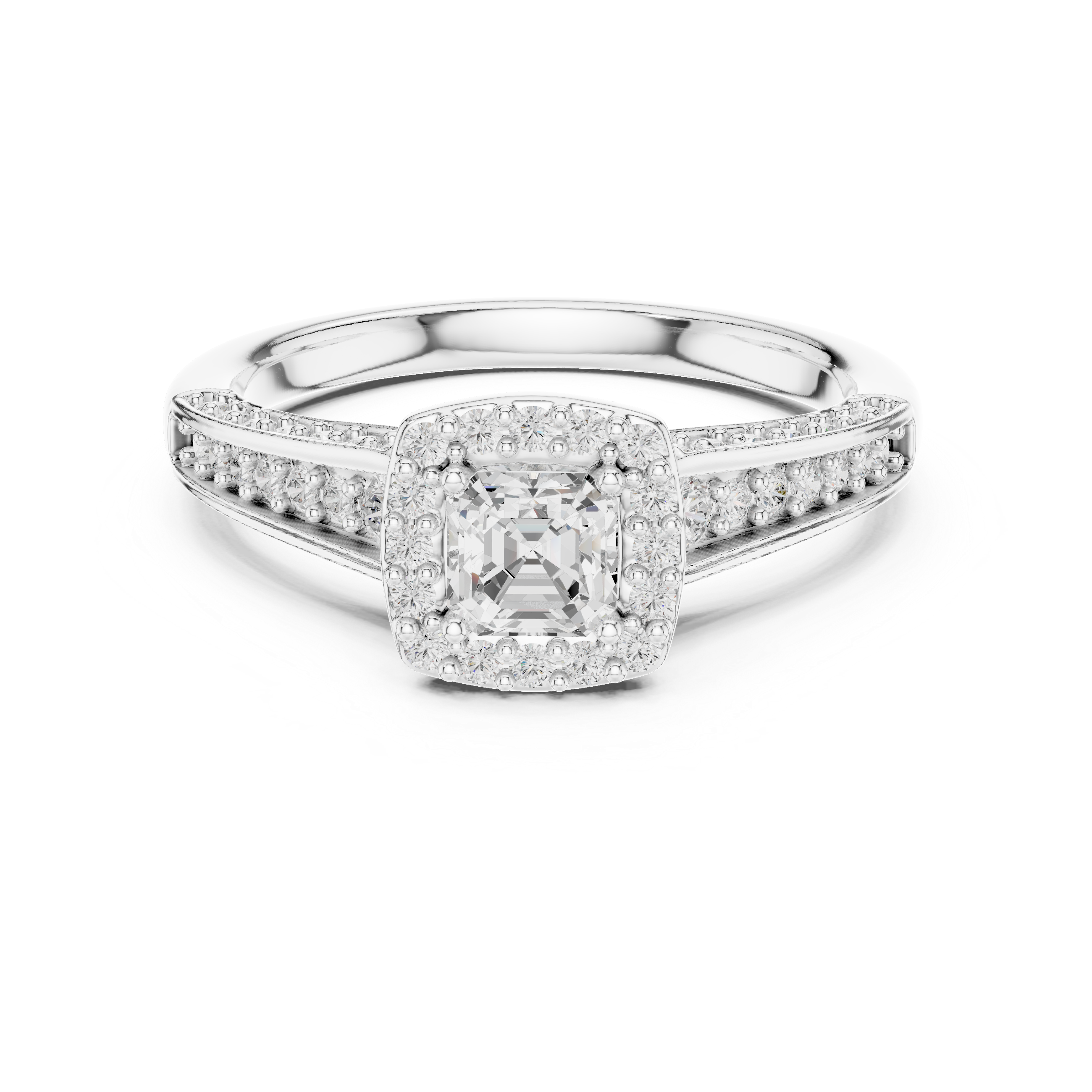 Emerald Cut Halo Engagement Ring – Double Row Pavé Diamond Bridal Ring