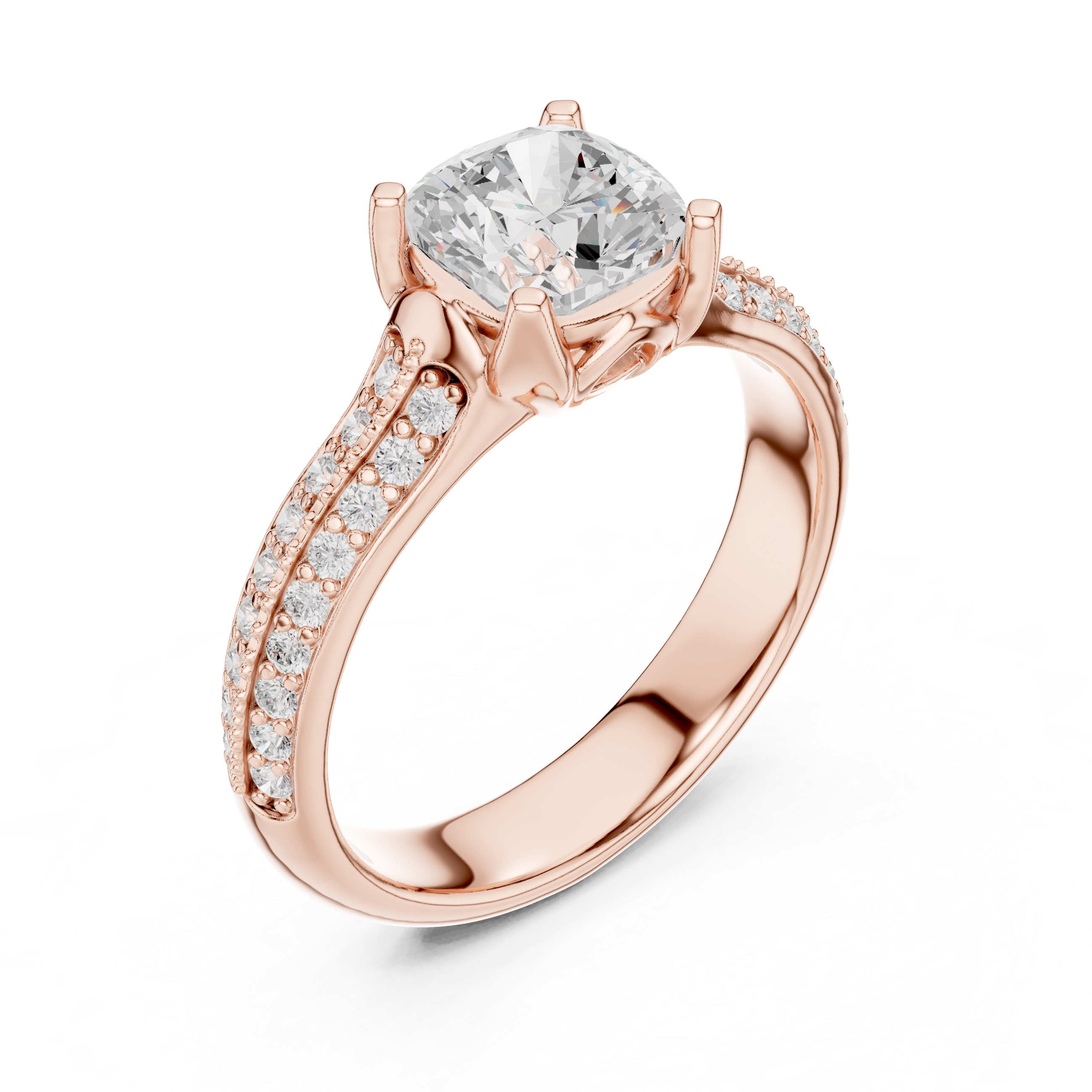 Cushion Cut Pavé Engagement Ring – Double Row Diamond Band Solitaire Ring