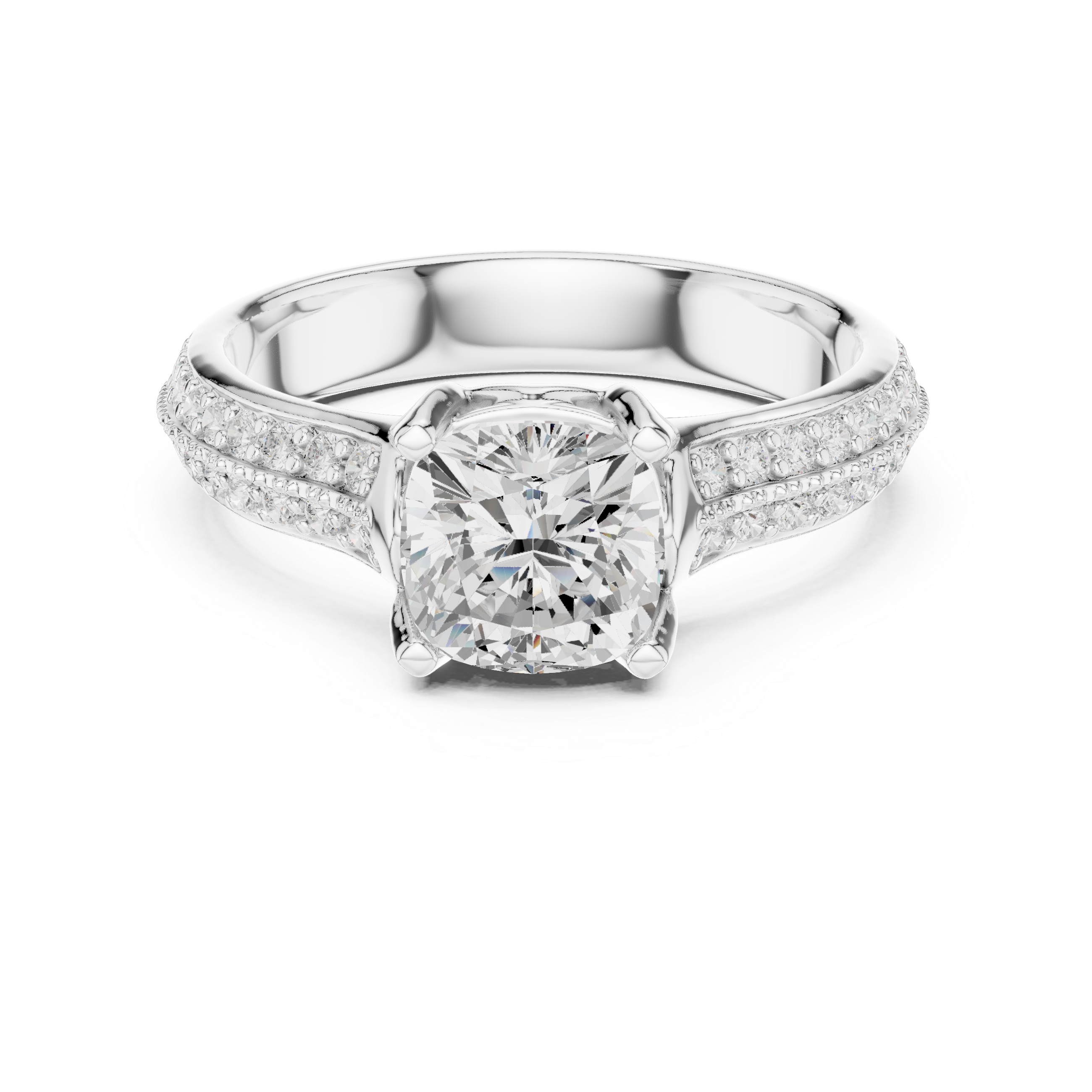 Cushion Cut Pavé Engagement Ring – Double Row Diamond Band Solitaire Ring