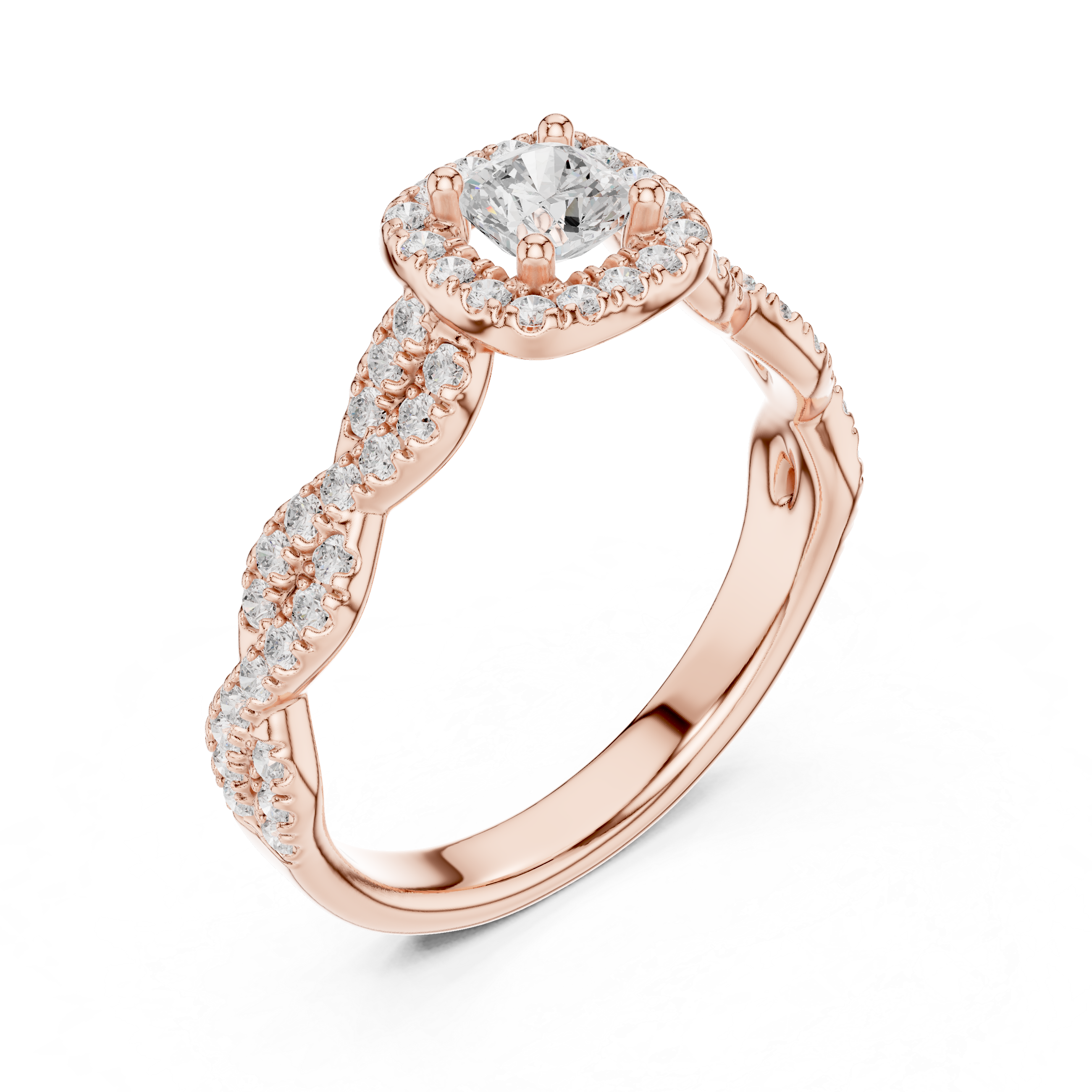 Cushion Cut Halo Engagement Ring – Twisted Pavé Diamond Infinity Ring