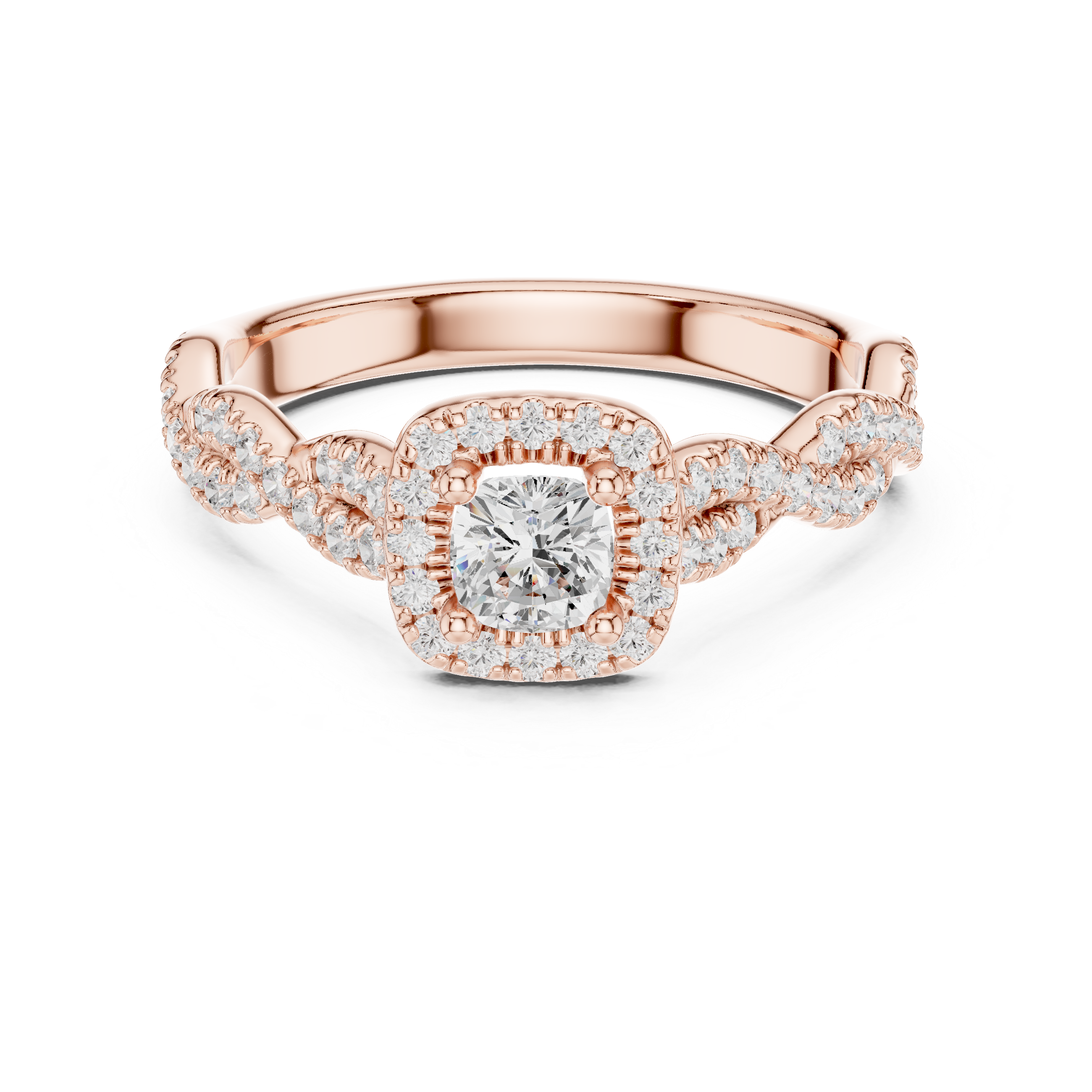 Cushion Cut Halo Engagement Ring – Twisted Pavé Diamond Infinity Ring