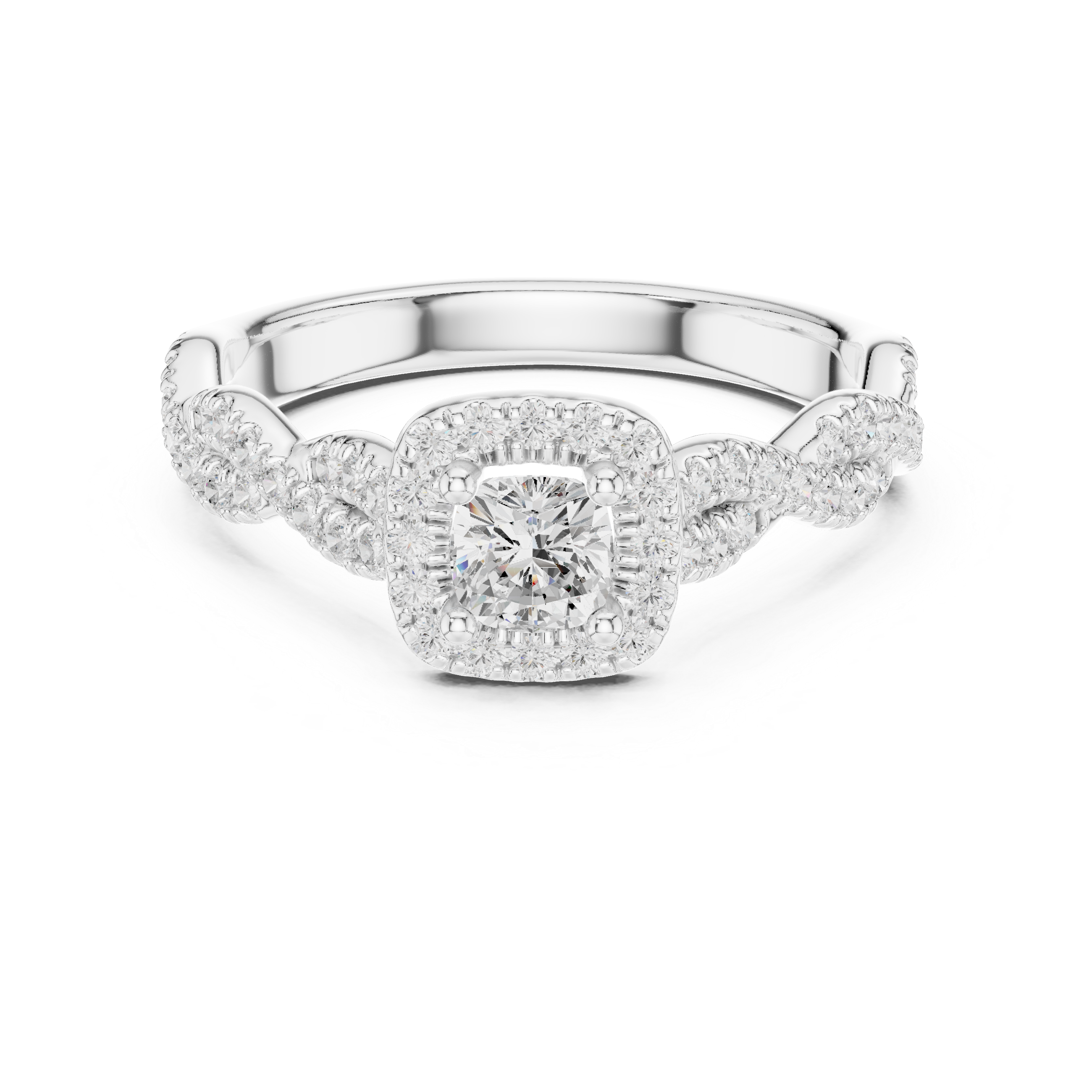Cushion Cut Halo Engagement Ring – Twisted Pavé Diamond Infinity Ring