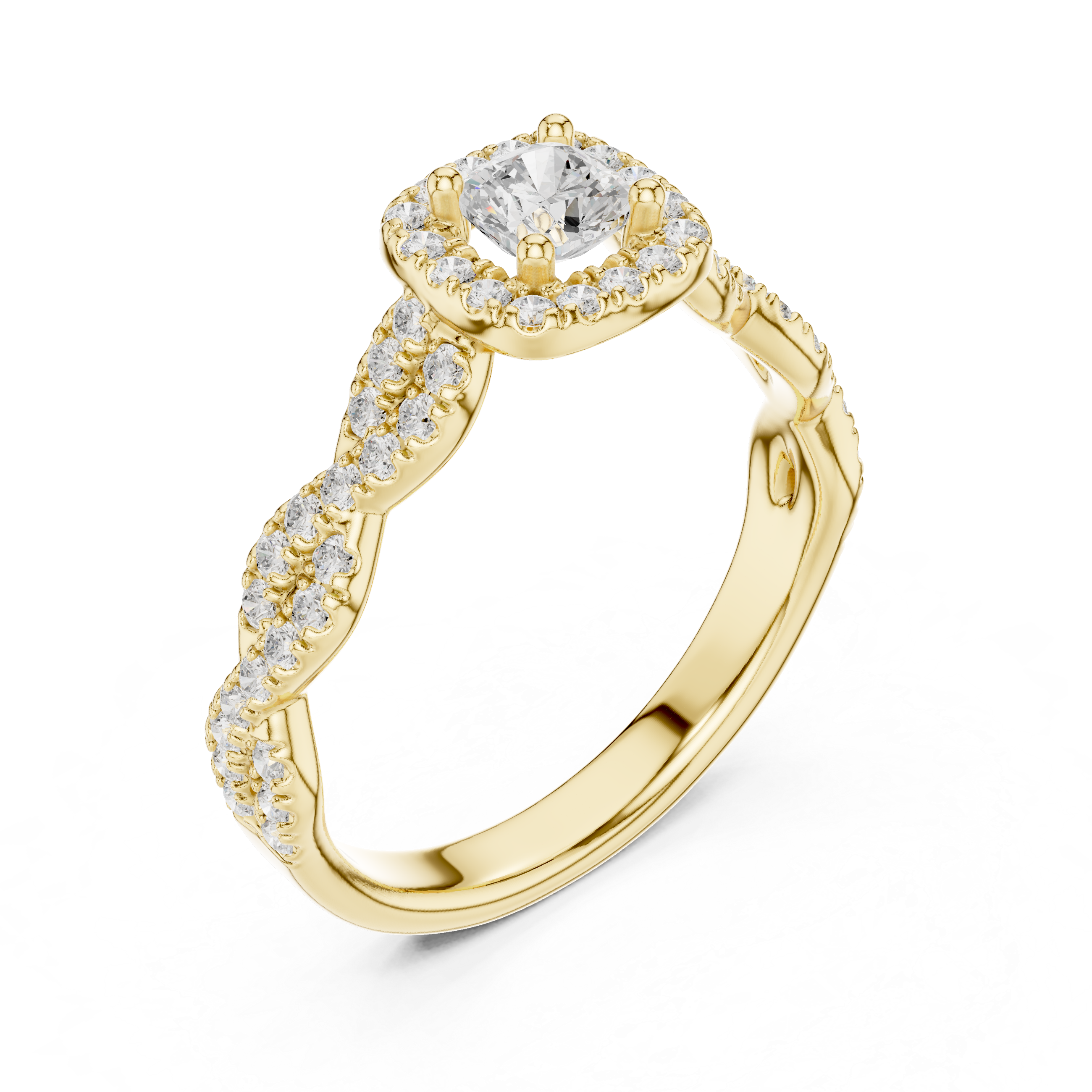 Cushion Cut Halo Engagement Ring – Twisted Pavé Diamond Infinity Ring