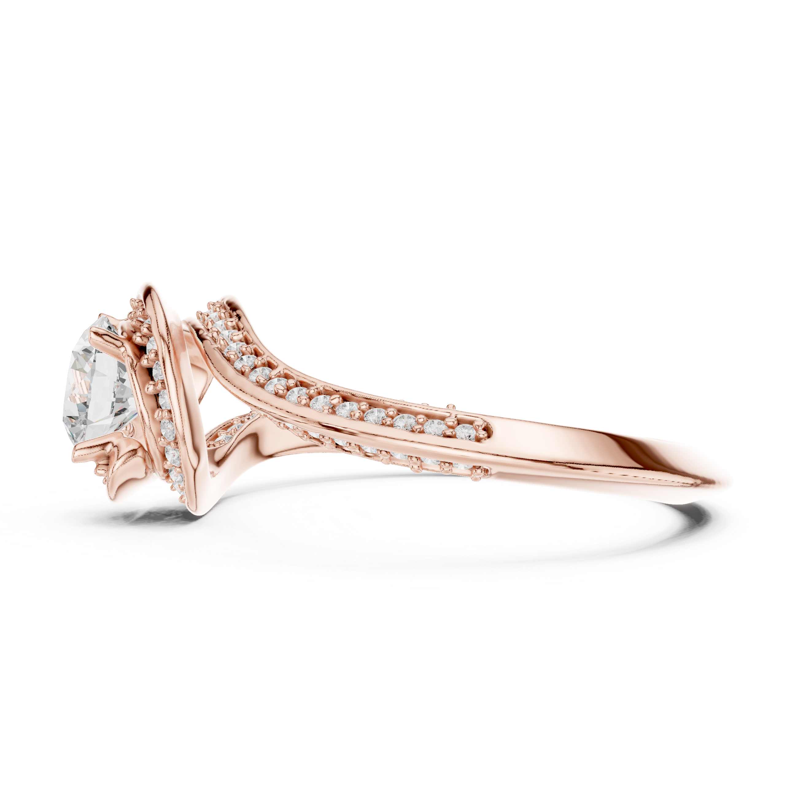 Round Halo Diamond Engagement Ring – Twisted Pavé Split Shank Bridal Ring