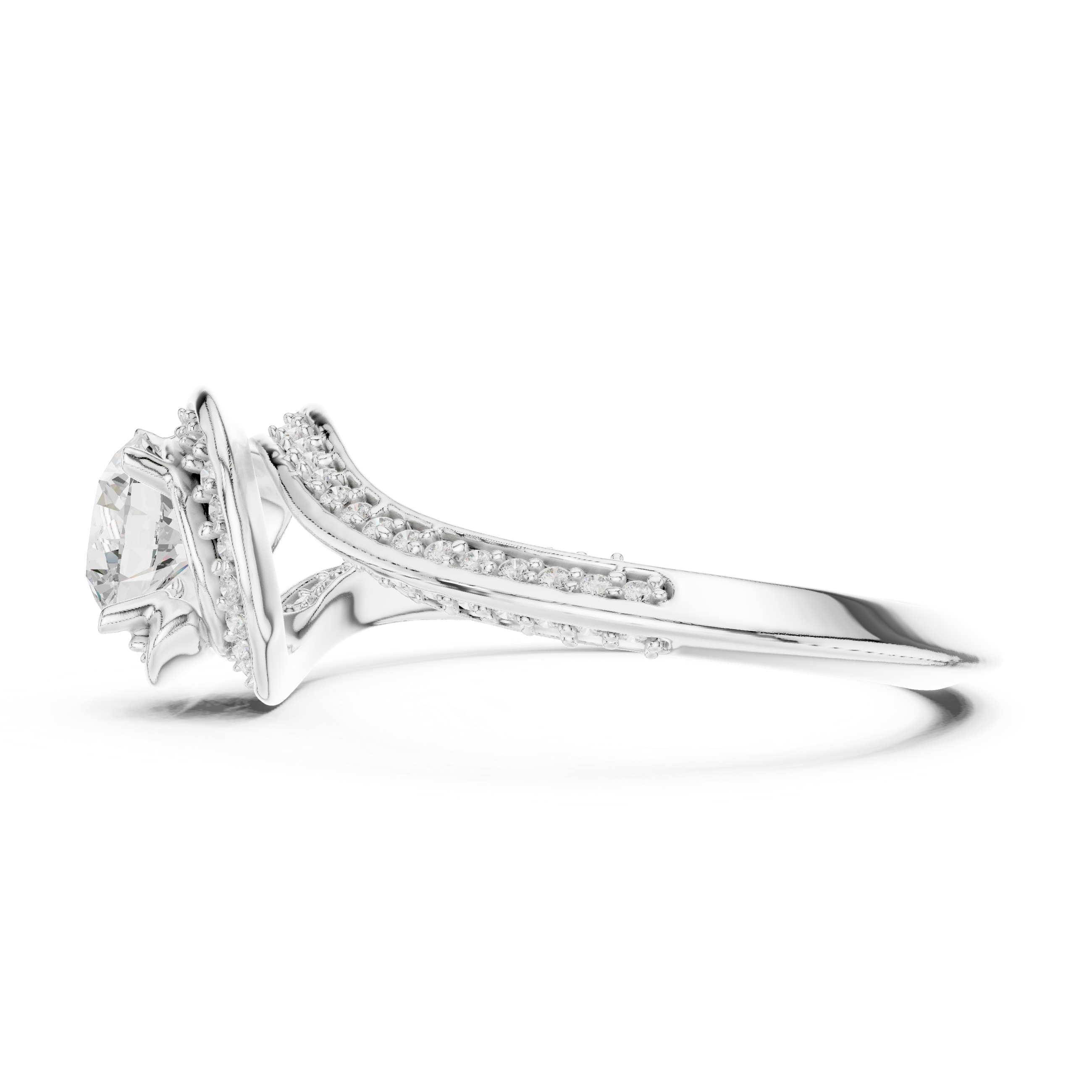 Round Halo Diamond Engagement Ring – Twisted Pavé Split Shank Bridal Ring