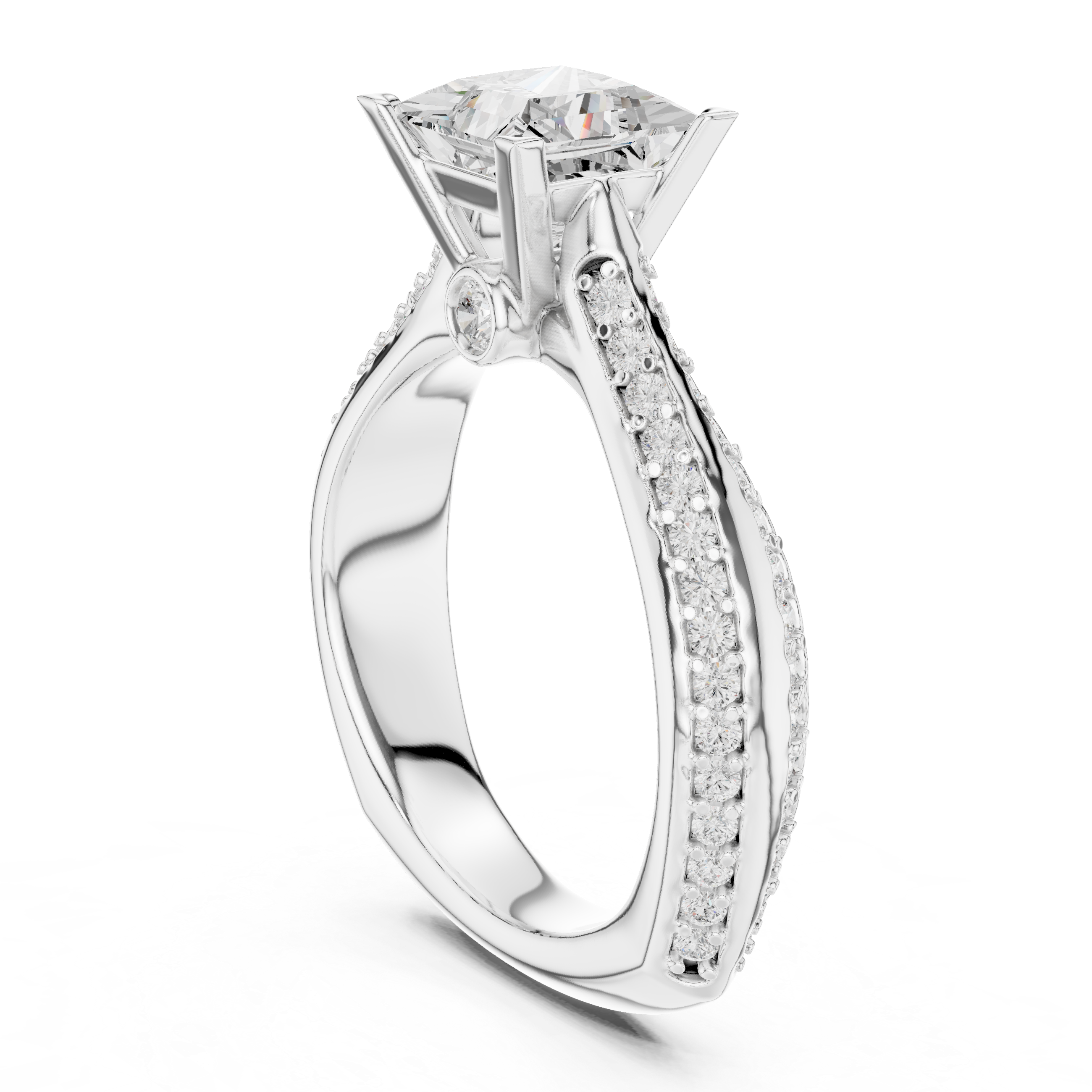 Princess Cut Diamond Engagement Ring – Triple Pavé Cathedral Solitaire Ring