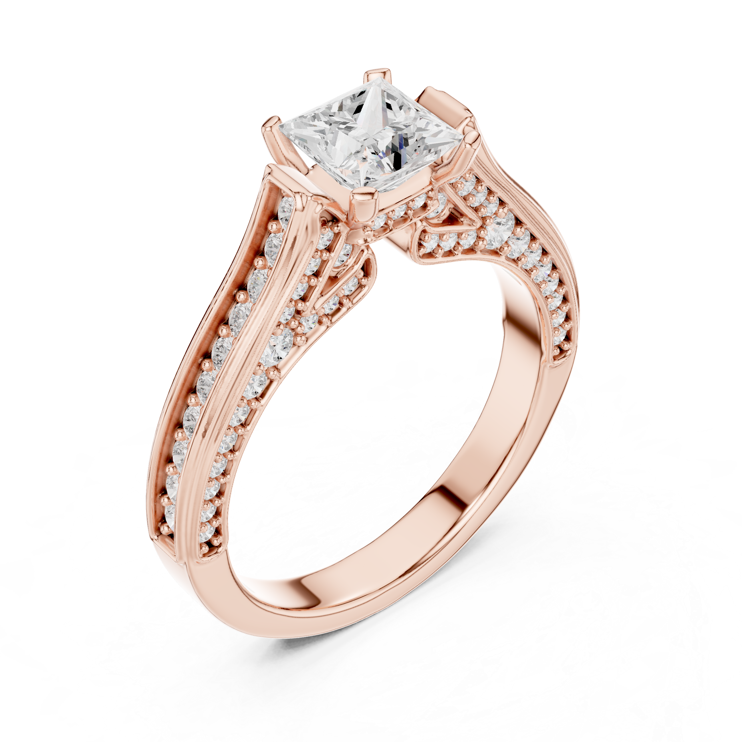 Princess Cut Diamond Engagement Ring – Double Pavé Split Shank Bridal Ring