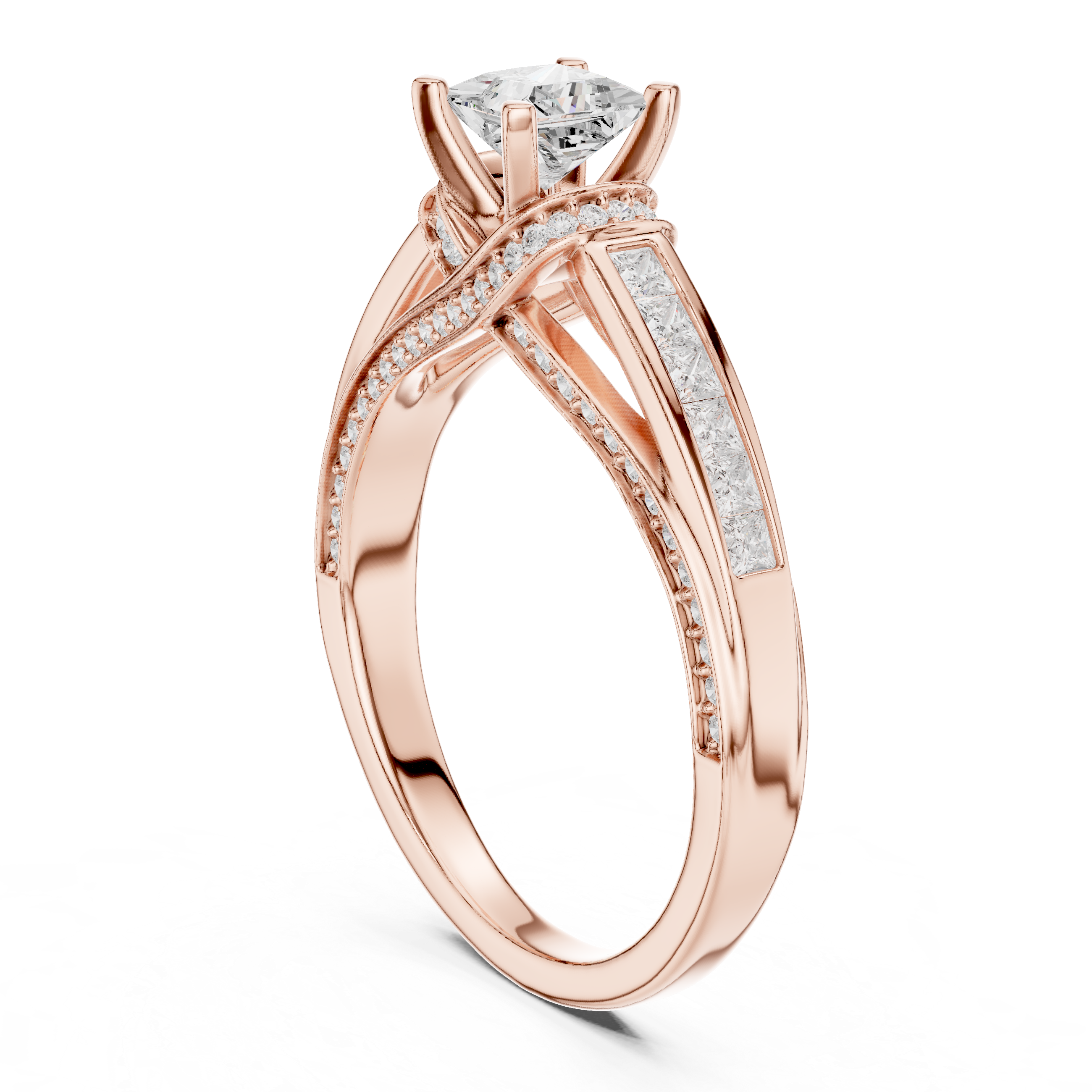 Princess Cut Diamond Engagement Ring – Twisted Split Shank Halo Ring
