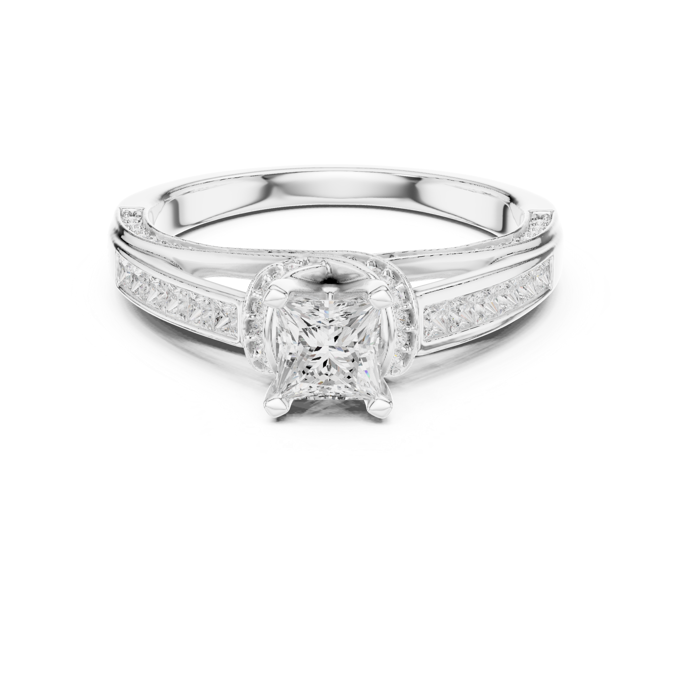 Princess Cut Diamond Engagement Ring – Twisted Split Shank Halo Ring