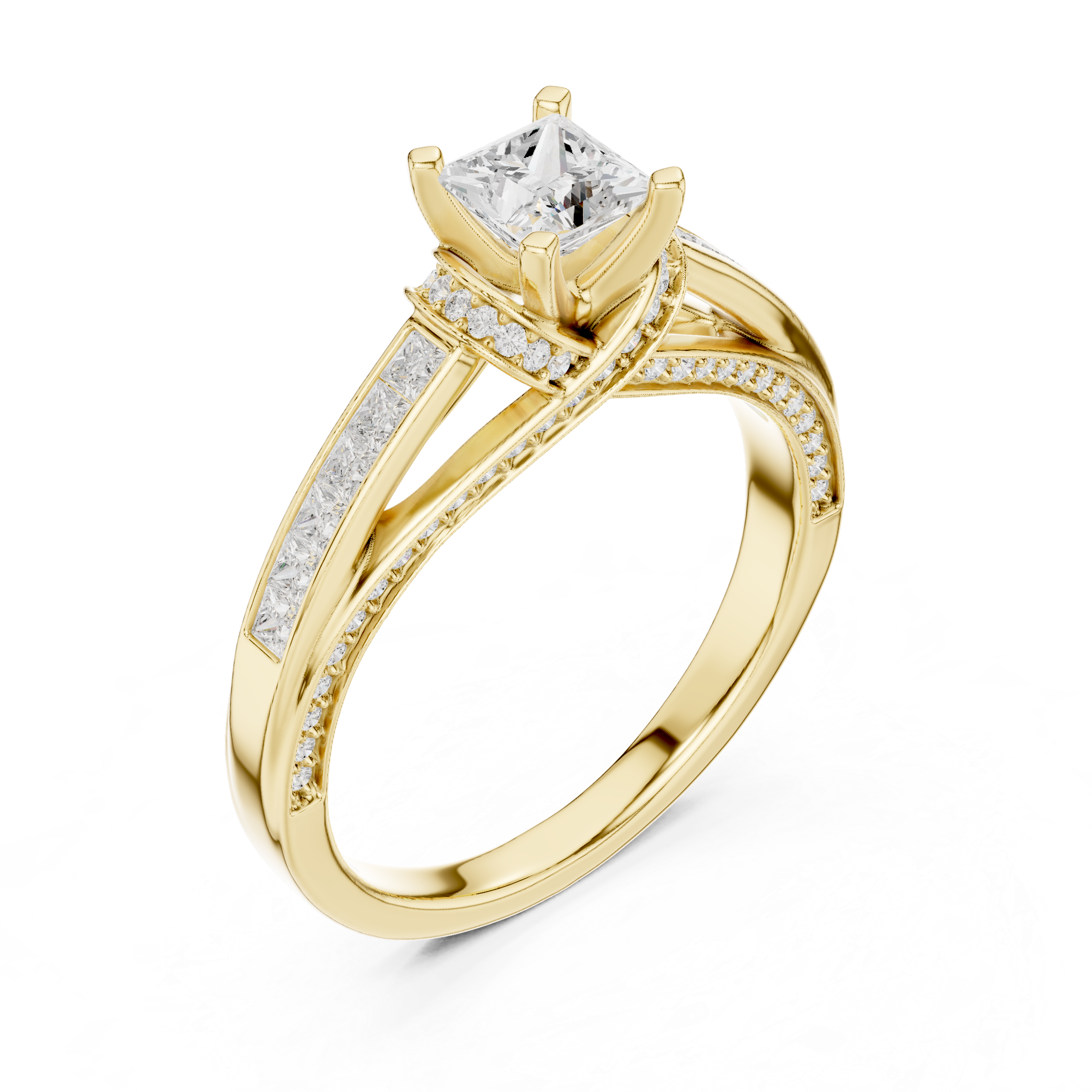 Princess Cut Diamond Engagement Ring – Twisted Split Shank Halo Ring