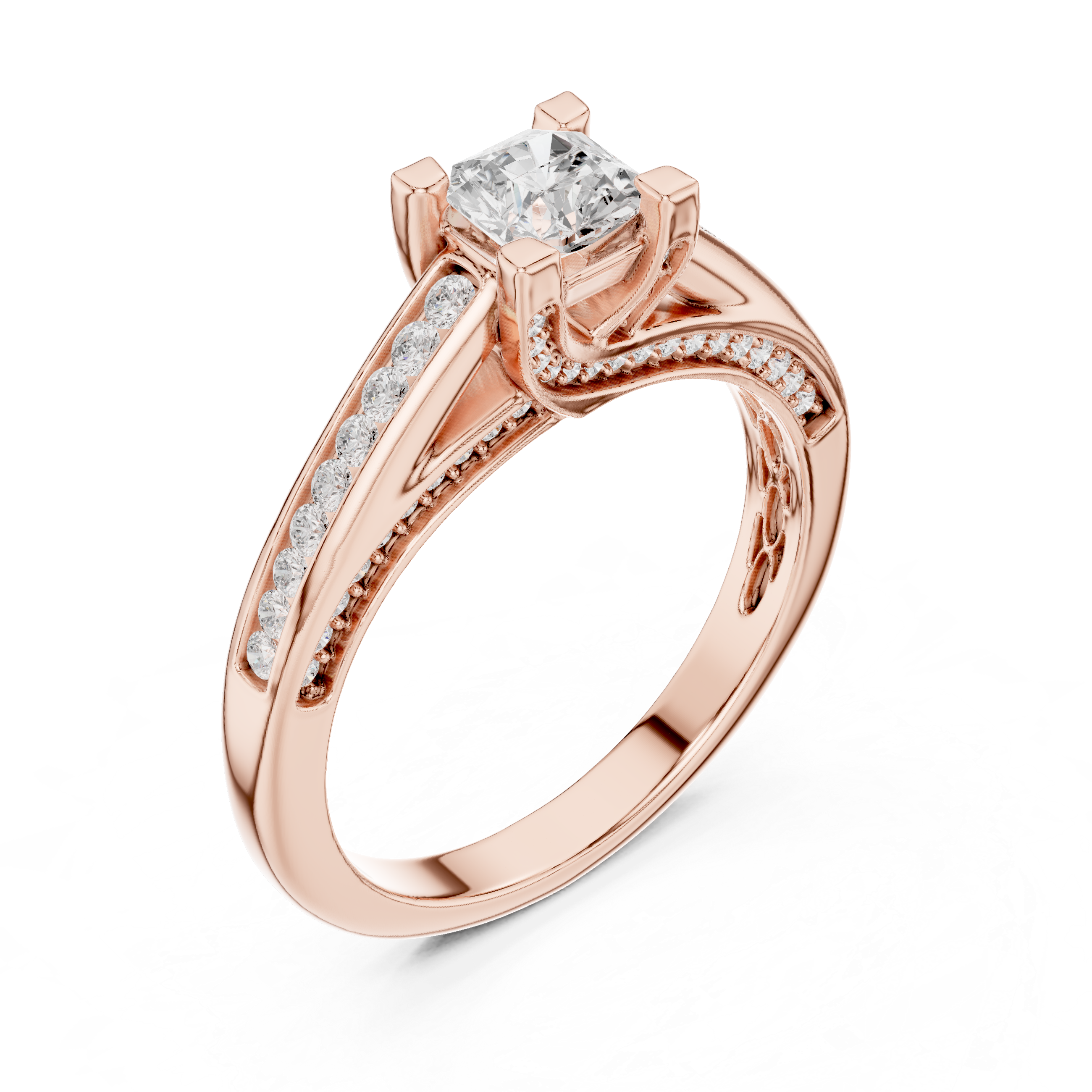 Princess Cut Diamond Engagement Ring – Cathedral Solitaire with Pavé Split Shoulders