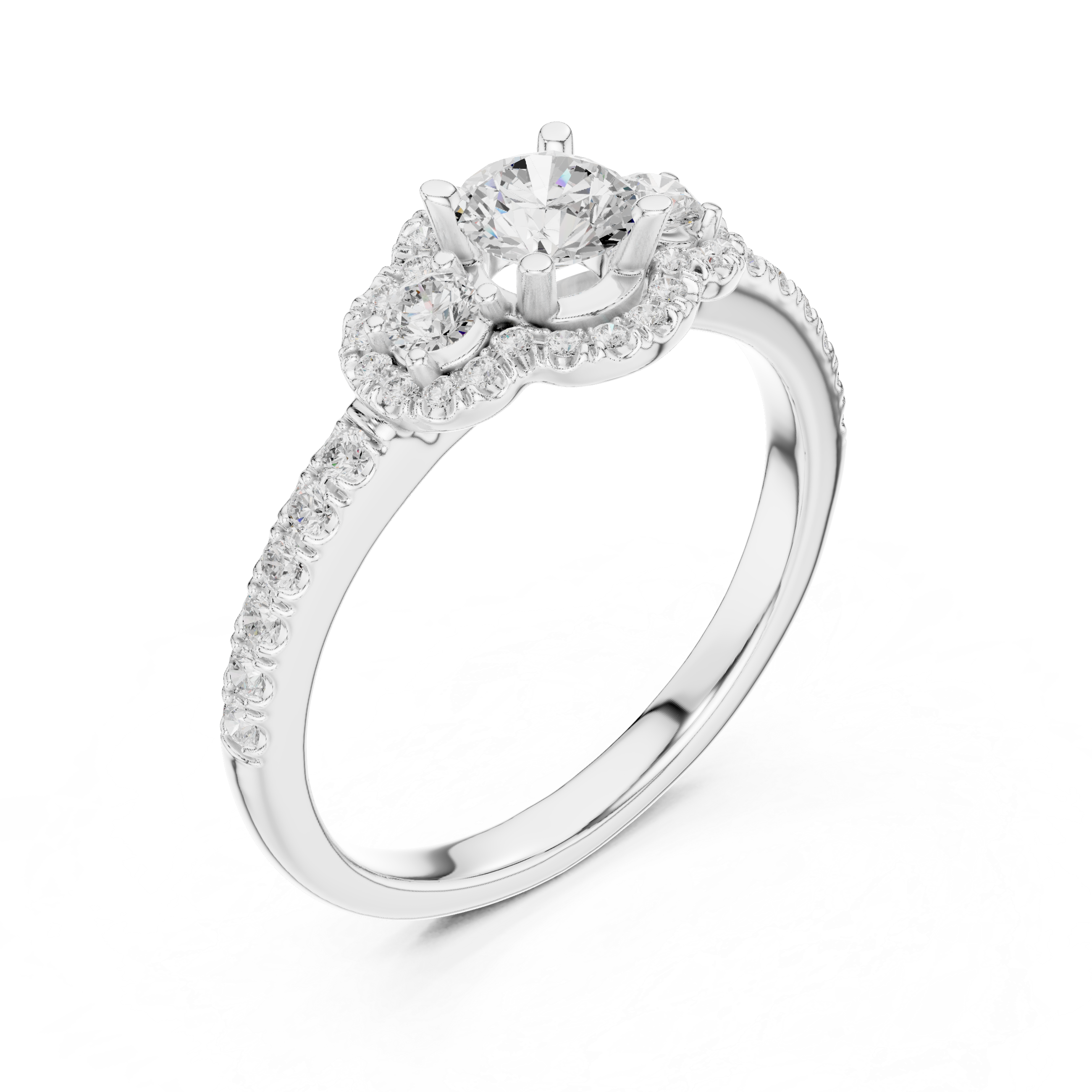 Vintage Halo Diamond Engagement Ring – Round Cut Triple Stone Pavé Ring