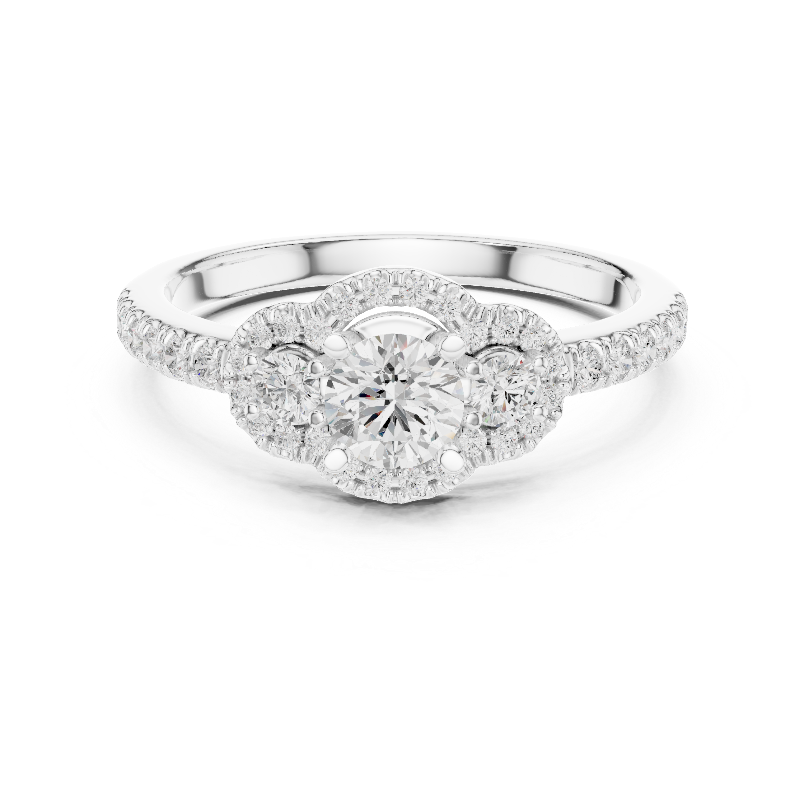 Vintage Halo Diamond Engagement Ring – Round Cut Triple Stone Pavé Ring