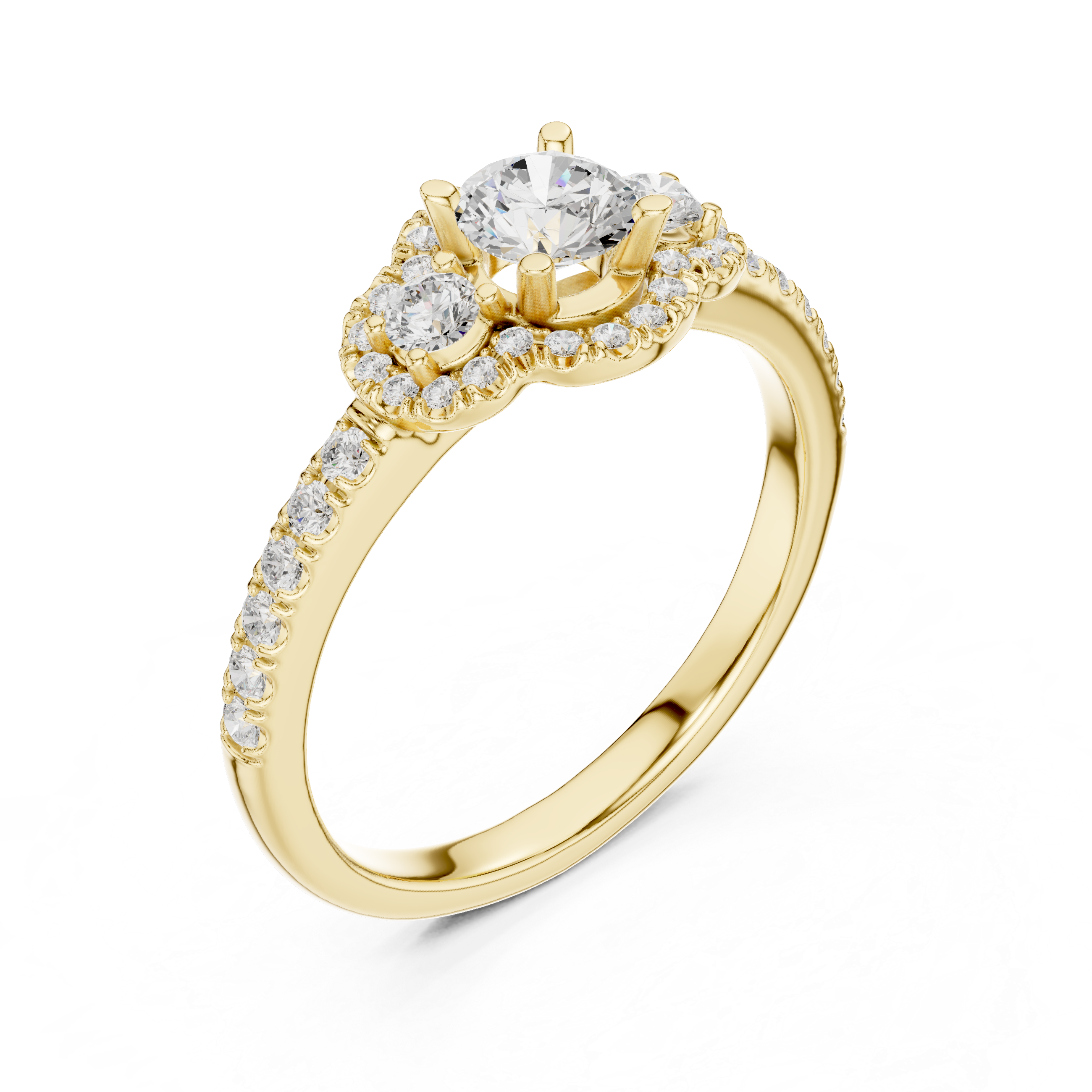 Vintage Halo Diamond Engagement Ring – Round Cut Triple Stone Pavé Ring