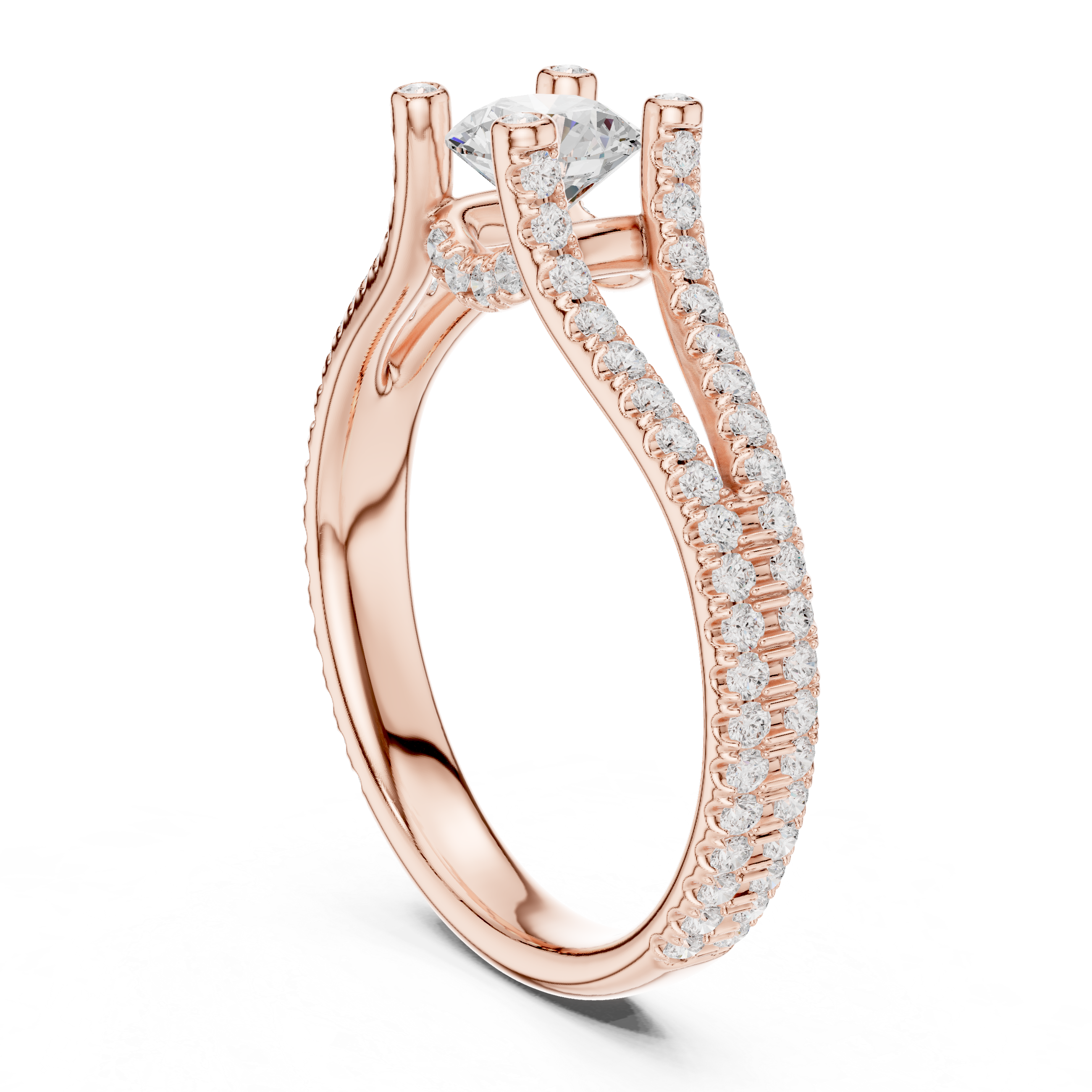 Split Shank Diamond Engagement Ring – Double Pavé Band Round Solitaire Ring