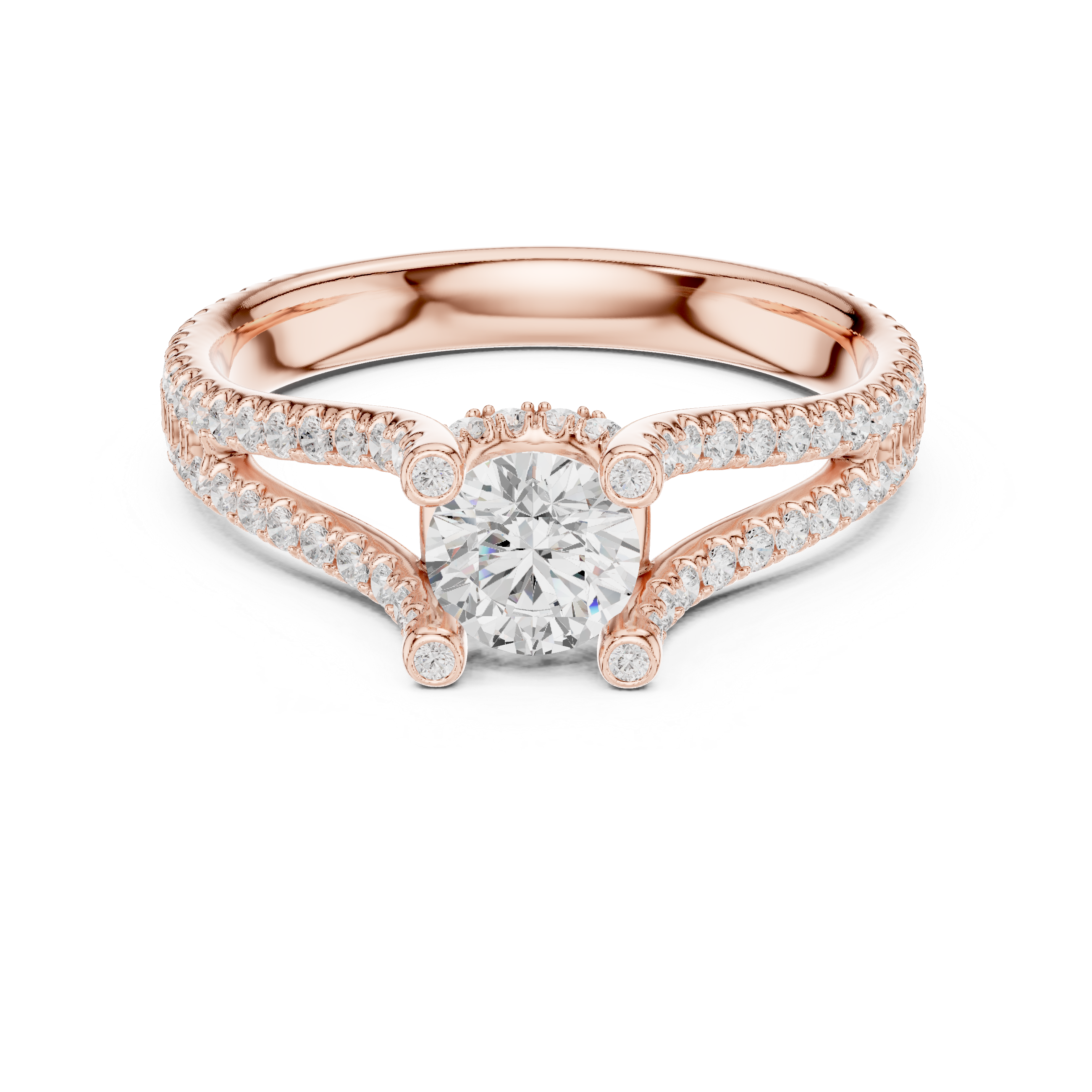 Split Shank Diamond Engagement Ring – Double Pavé Band Round Solitaire Ring