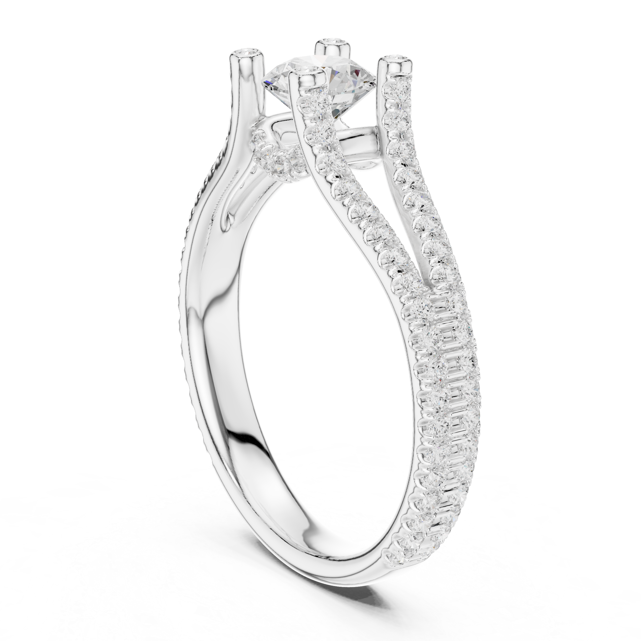 Split Shank Diamond Engagement Ring – Double Pavé Band Round Solitaire Ring