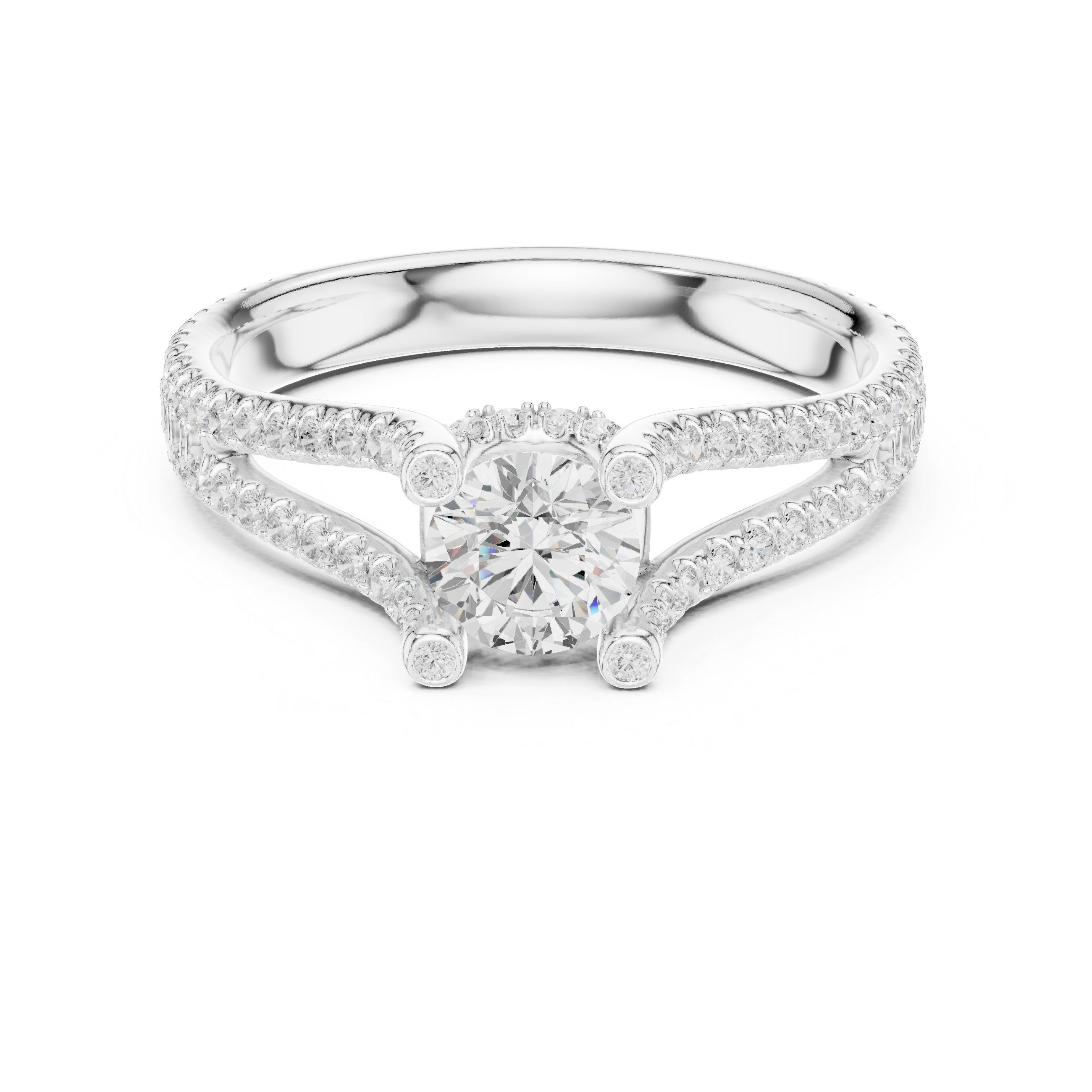 Split Shank Diamond Engagement Ring – Double Pavé Band Round Solitaire Ring