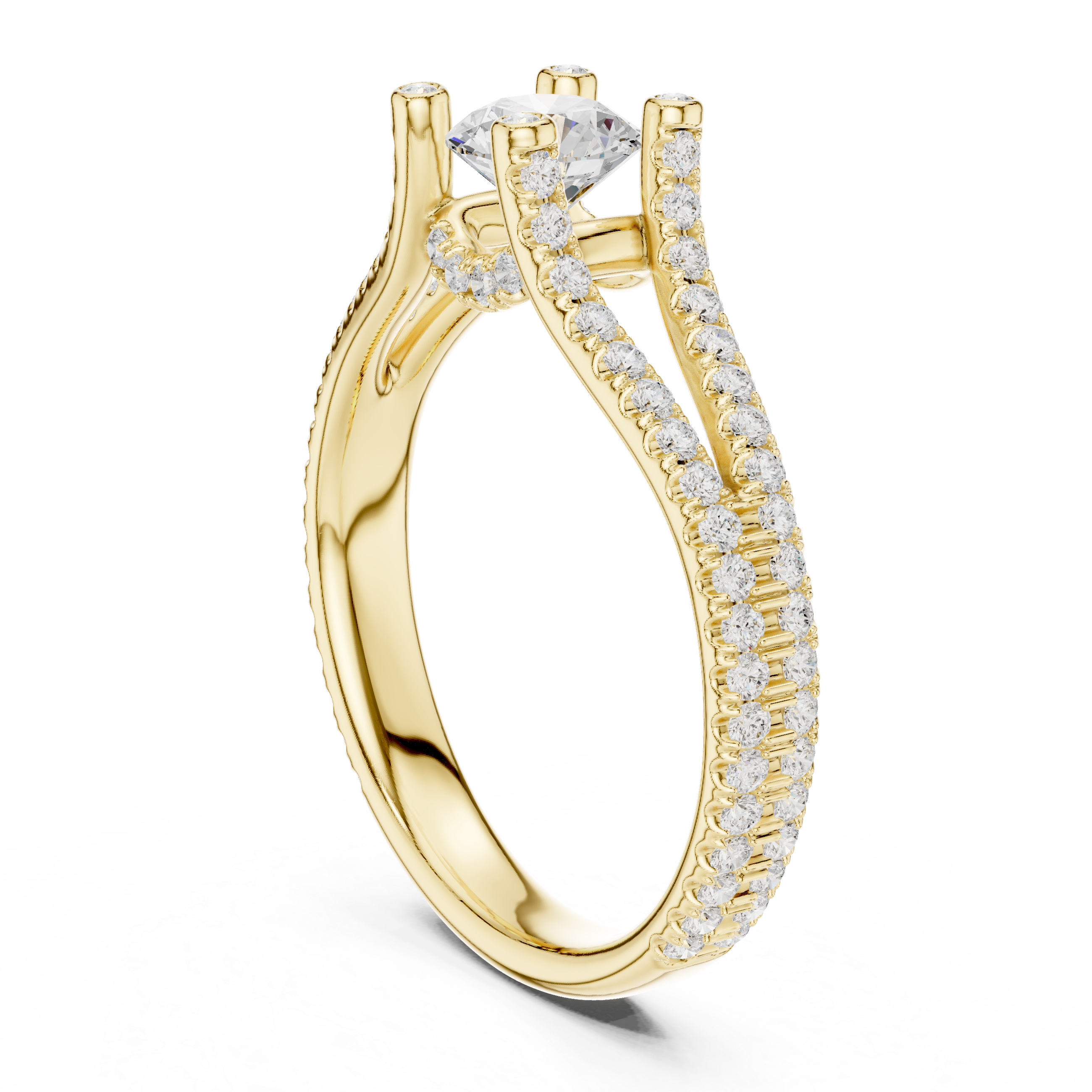 Split Shank Diamond Engagement Ring – Double Pavé Band Round Solitaire Ring