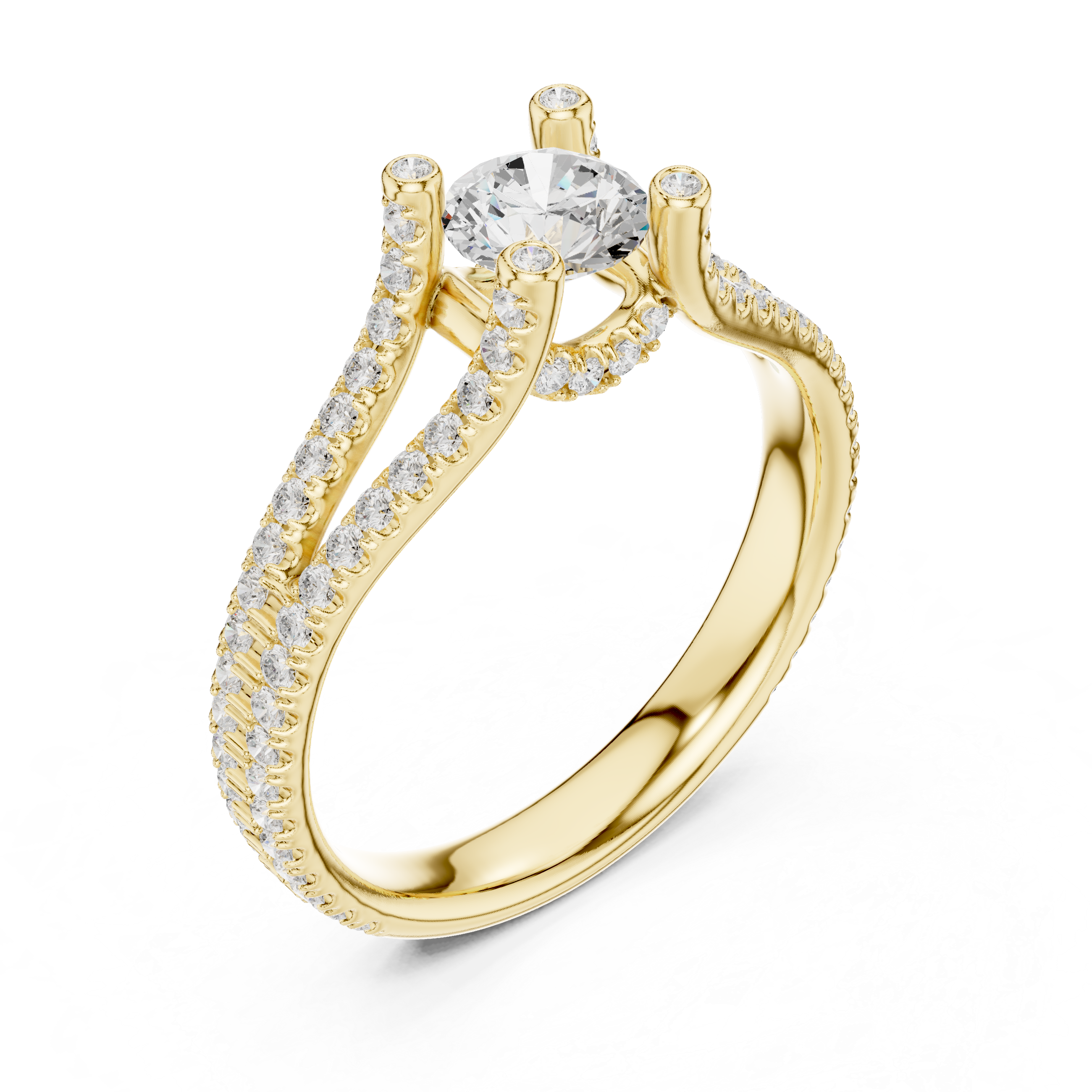 Split Shank Diamond Engagement Ring – Double Pavé Band Round Solitaire Ring