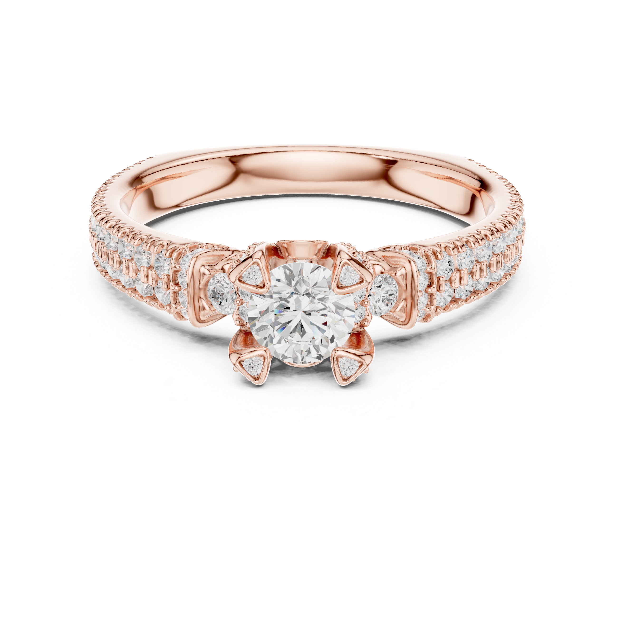 Vintage Halo Diamond Engagement Ring – Pavé Band Round Solitaire Bridal Ring