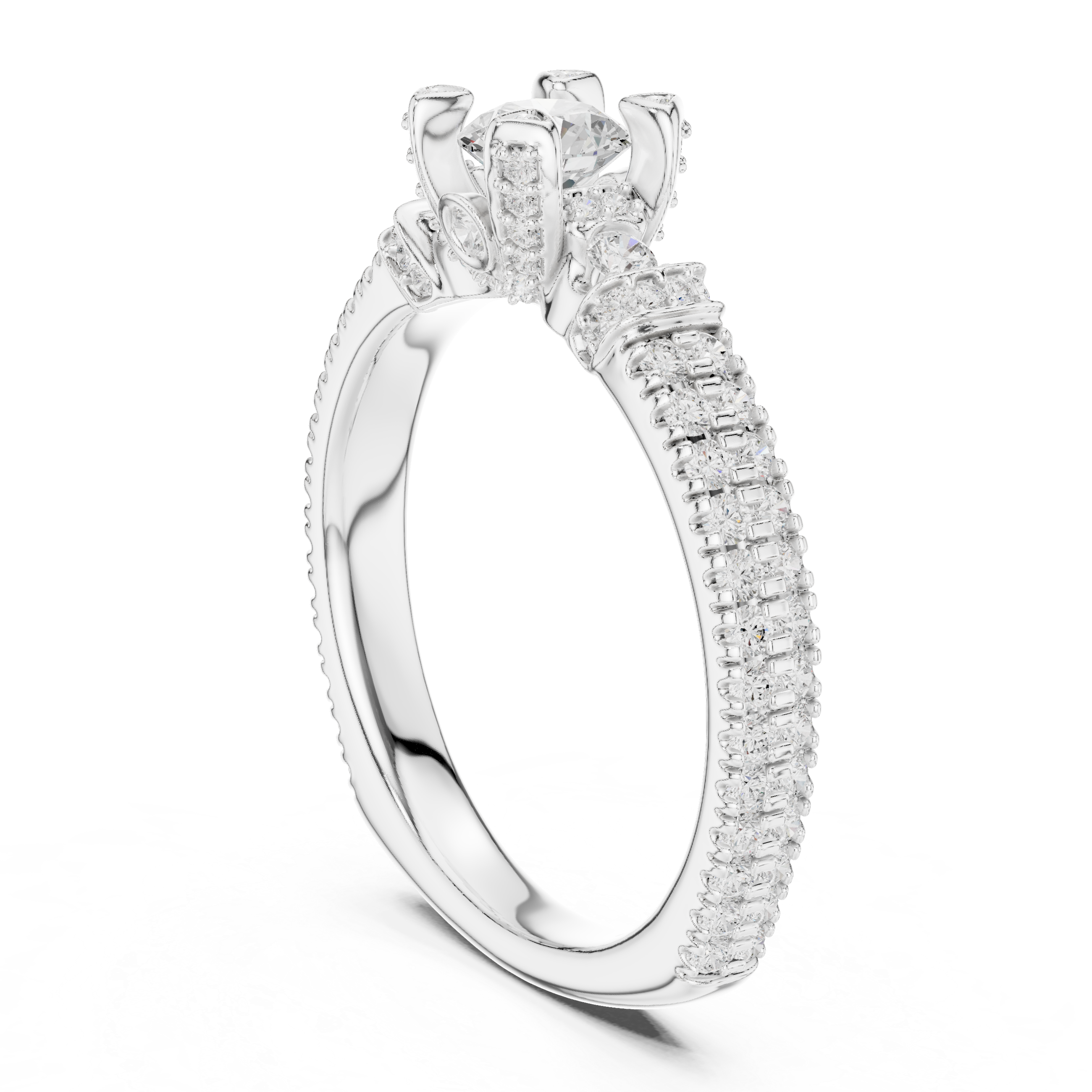 Vintage Halo Diamond Engagement Ring – Pavé Band Round Solitaire Bridal Ring