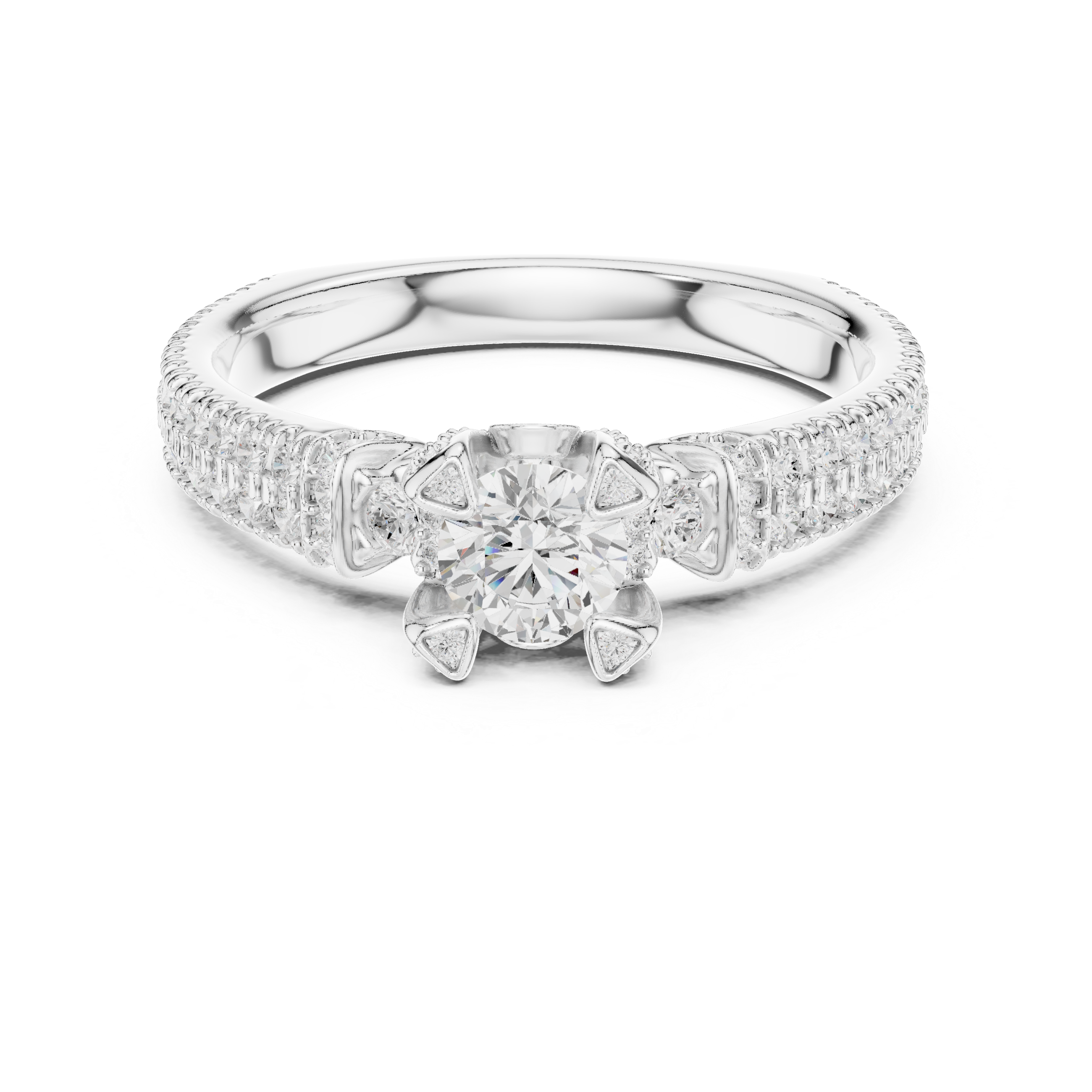 Vintage Halo Diamond Engagement Ring – Pavé Band Round Solitaire Bridal Ring