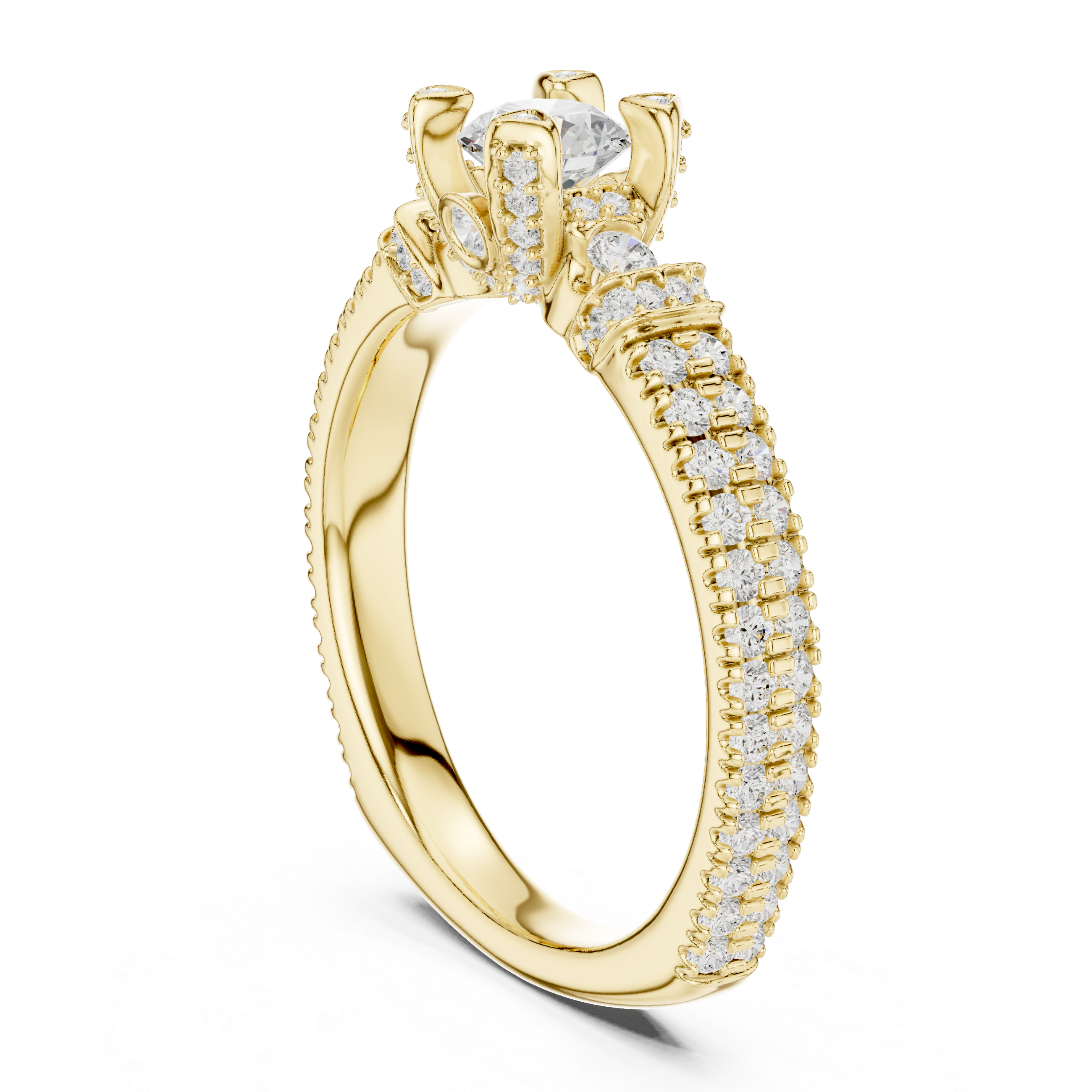 Vintage Halo Diamond Engagement Ring – Pavé Band Round Solitaire Bridal Ring